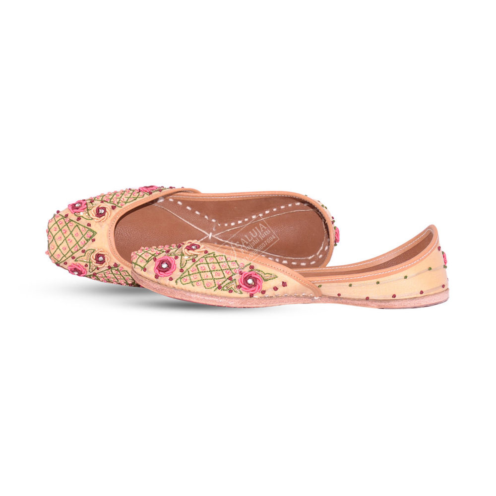 Punjabi Jutti Golden Color With Multi Color Handwork Heel Size: Flat