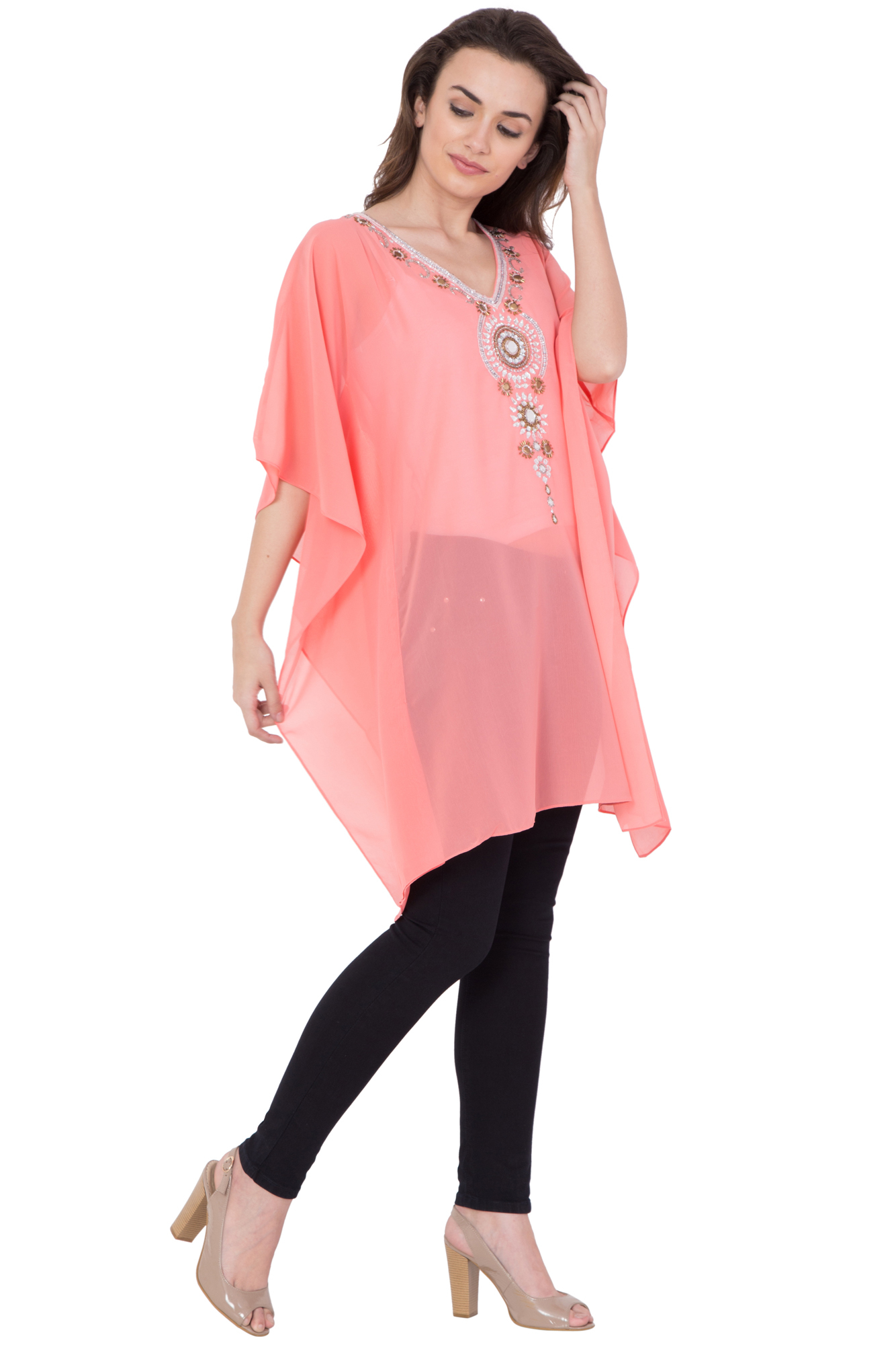 Polyester Beaded V Neck Kaftan - Size S, M, L | Dry Clean Only, Western Dress Type