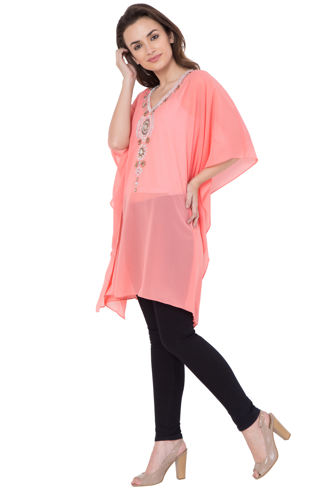 Polyester Beaded V Neck Kaftan - Size S, M, L | Dry Clean Only, Western Dress Type