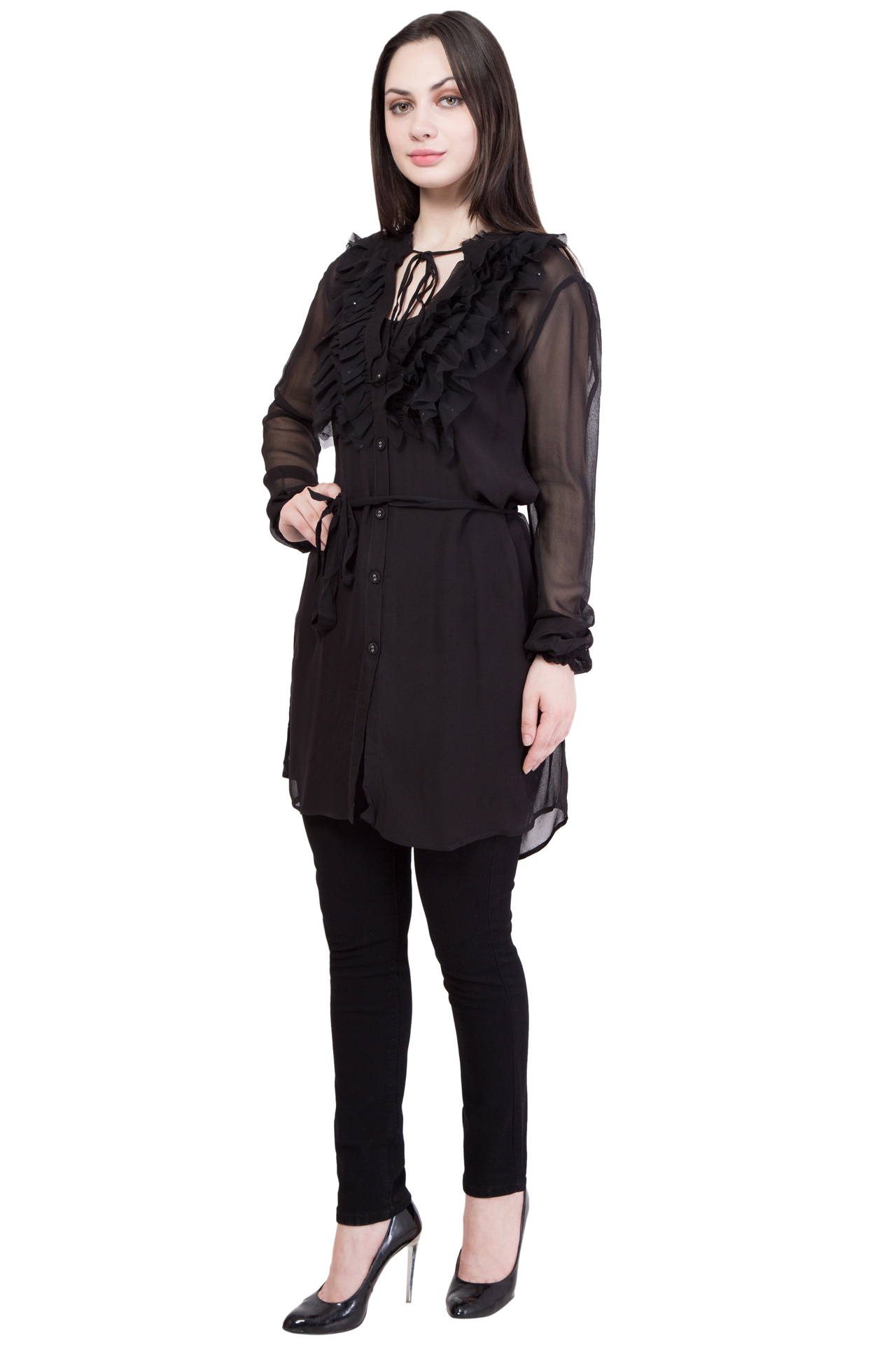 Shirt - Poly Georgette, Xs To Xl | Full Sleeves, Beaded Decoration, Bust 914.4mm, Hip 965.2mm, Length 863.6mm, Waist 34"