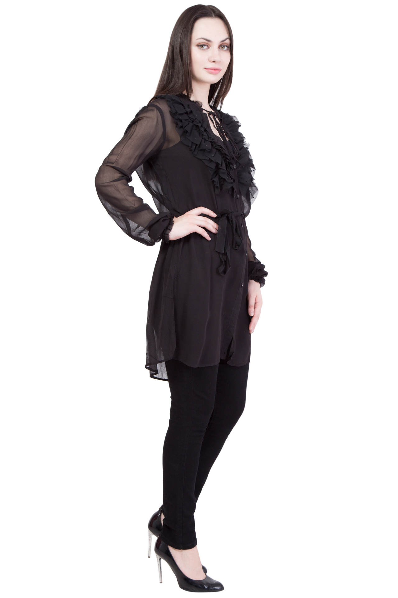 Shirt - Poly Georgette, Xs To Xl | Full Sleeves, Beaded Decoration, Bust 914.4mm, Hip 965.2mm, Length 863.6mm, Waist 34"