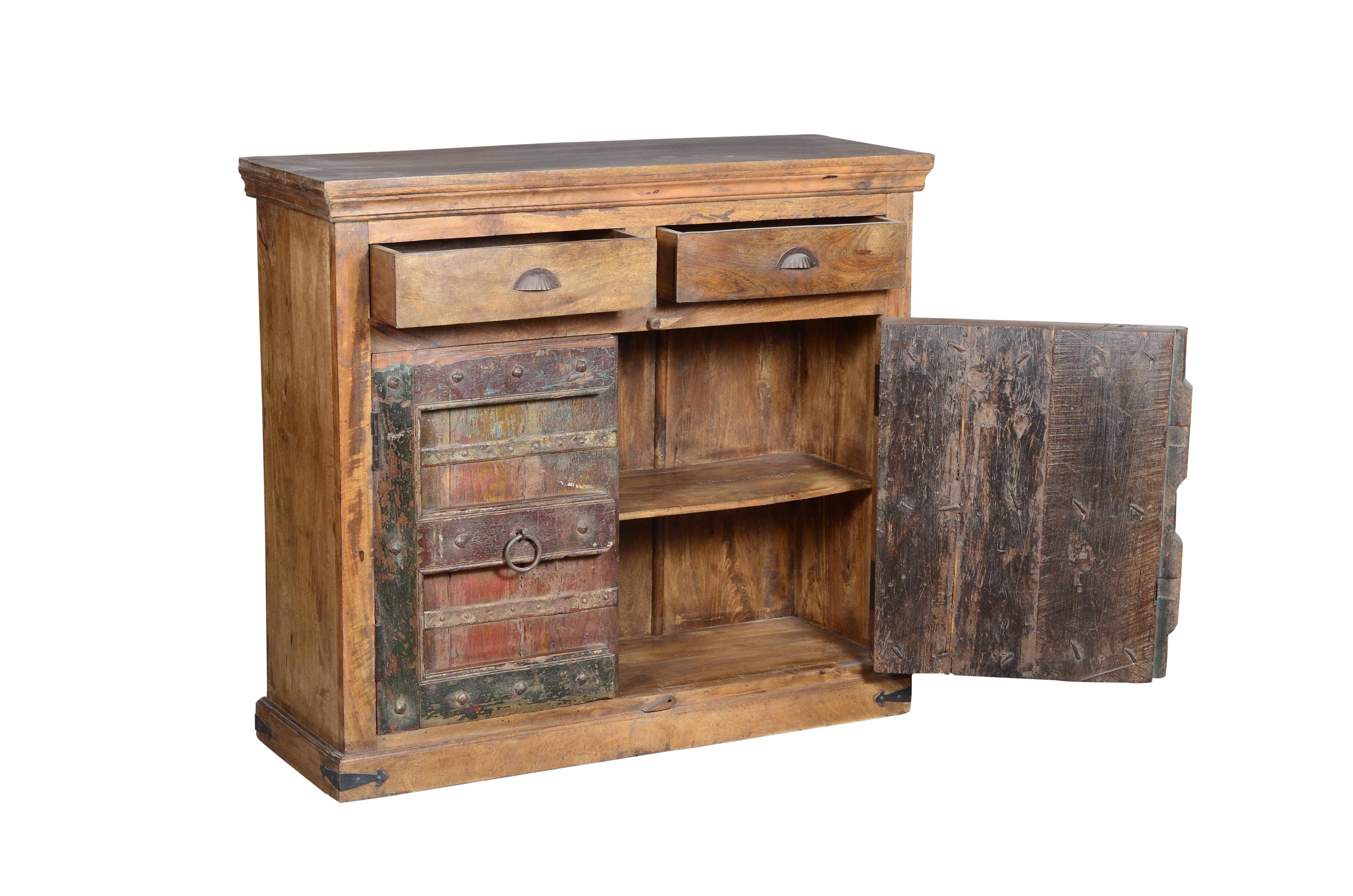 Sideboard - Solid Wood With Polyester Fabric, Brown Color, Handmade Artwork, Polished Finish, Folded Design For Indoor Dining Room Use