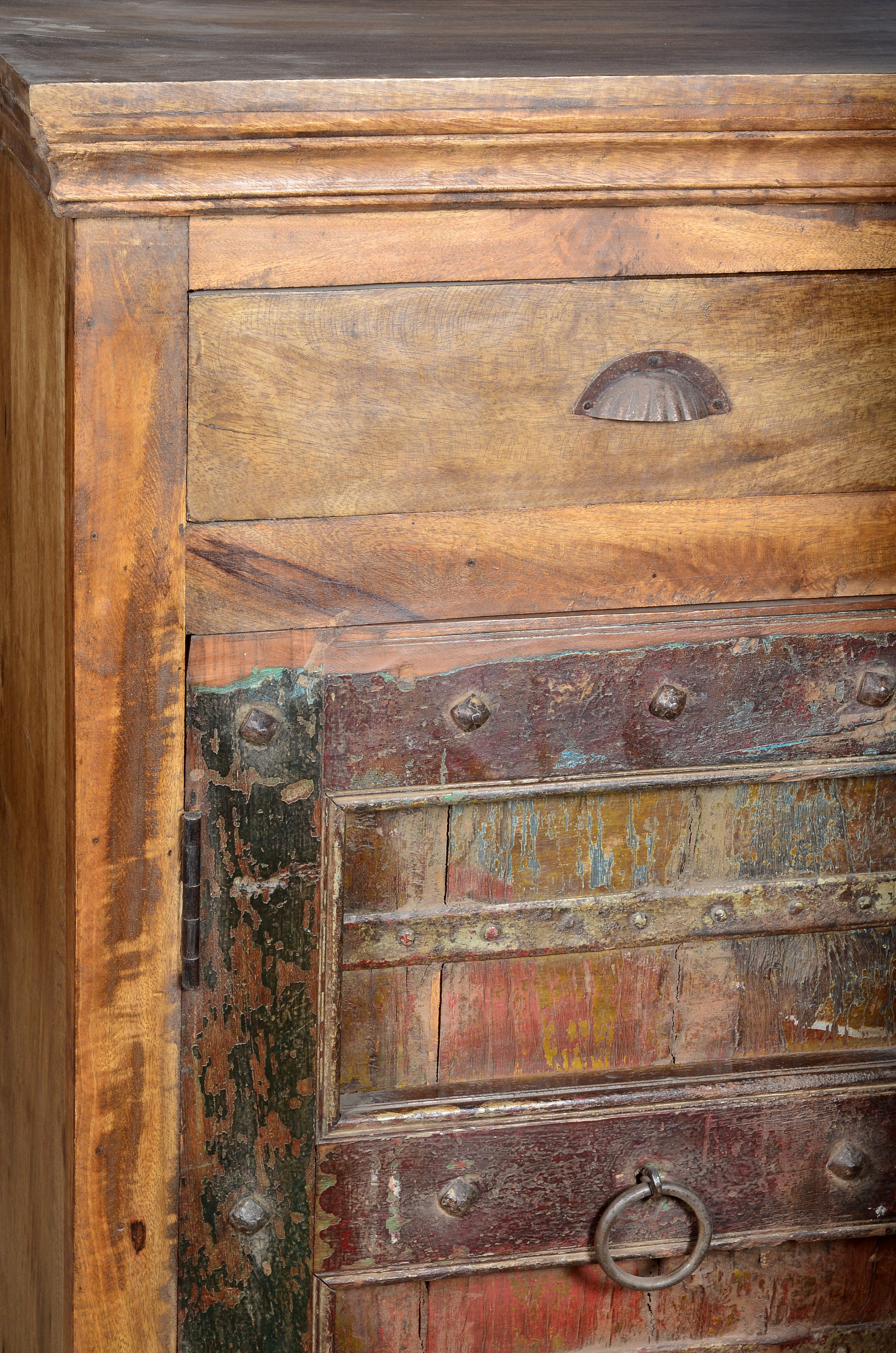 Sideboard - Solid Wood With Polyester Fabric, Brown Color, Handmade Artwork, Polished Finish, Folded Design For Indoor Dining Room Use