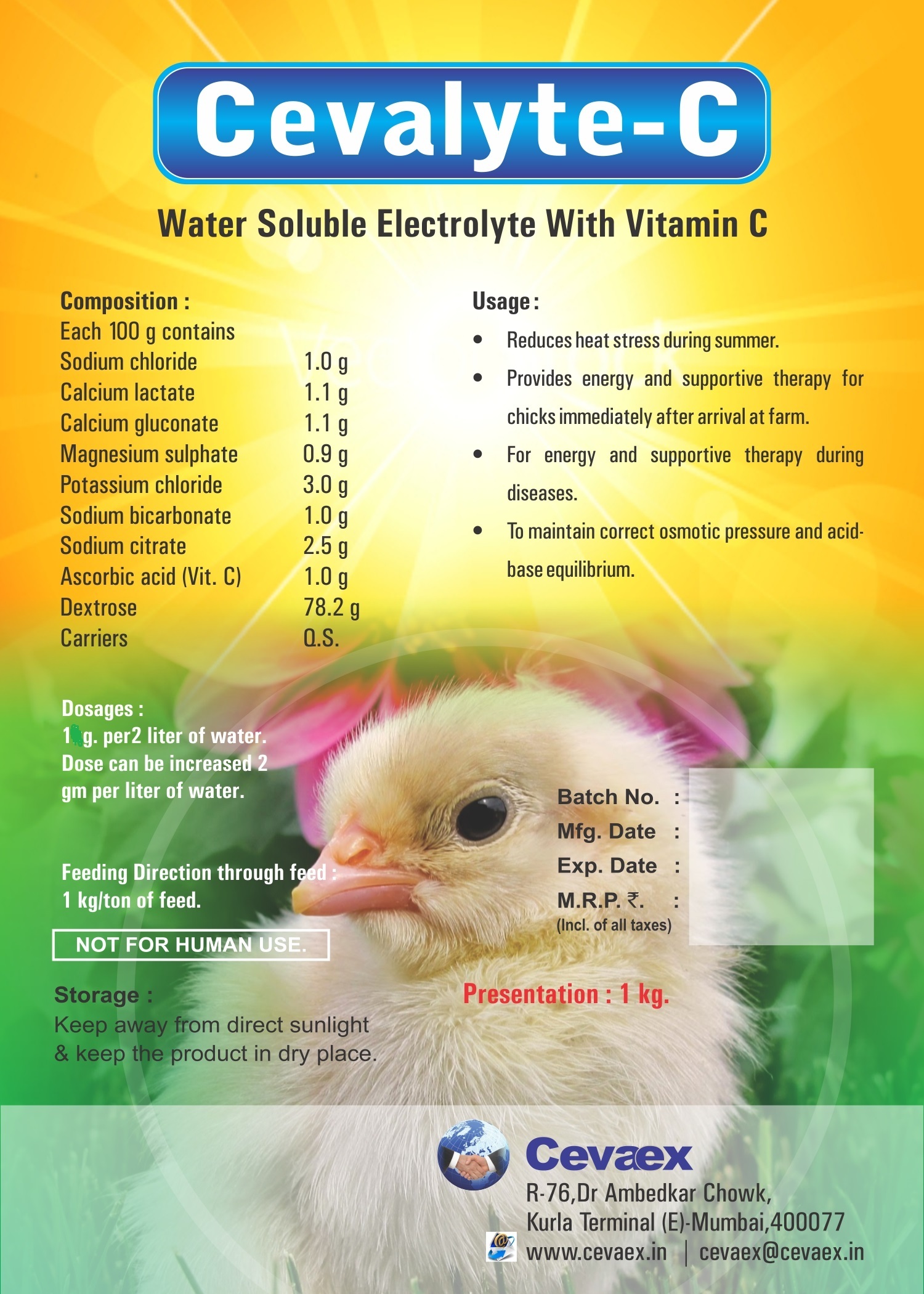 Cevalyte C - Poultry Vitamins Electrolytes, 10 Kg | Promotes Growth, Combats Stress, Maintains Water & Ph Balance, Nutritional Formula