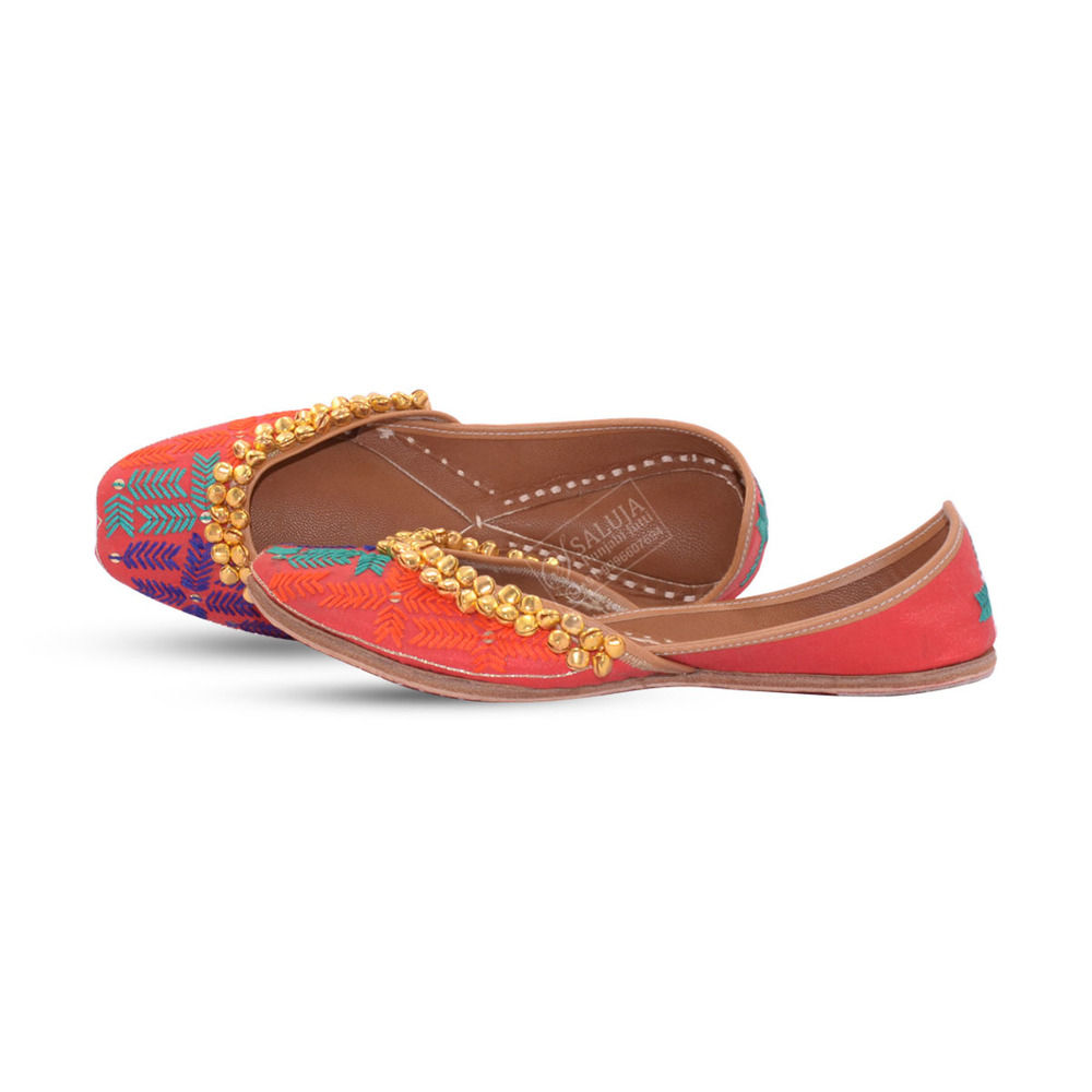 Party Wear Punjabi Jutti Orange Color With Multi Work Ghungroo Wali Jutti Heel Size: Flat