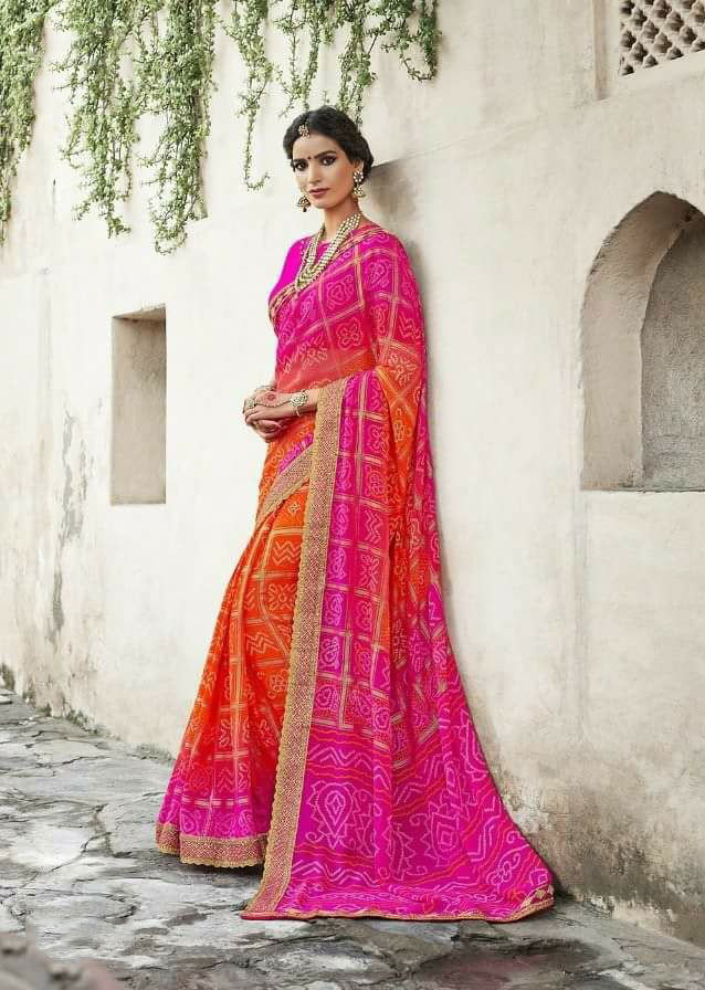 Georgette Bandhani Printed Saree - 5.5mtr Length, 80cm Blouse | Trendy Multicolour Design, Embroidered Pattern, All-season Ethnic Wear