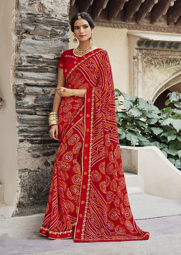 Georgette Bandhani Printed Saree - 5.5mtr Length, 80cm Blouse | Trendy Multicolour Design, Embroidered Pattern, All-season Ethnic Wear
