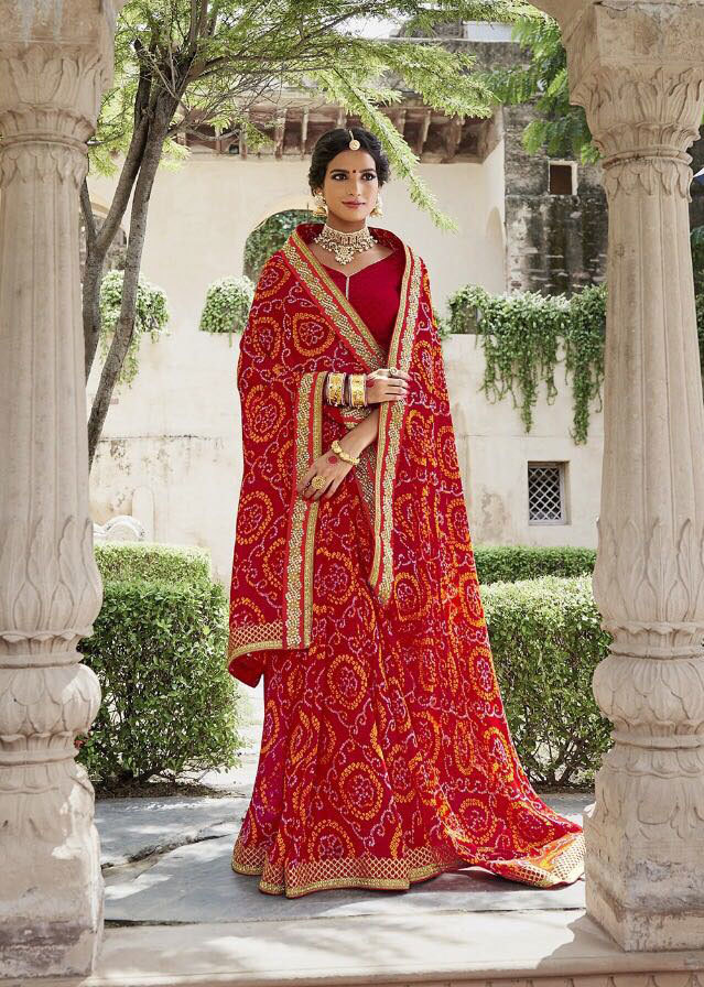 Georgette Bandhani Printed Saree - 5.5mtr Length, 80cm Blouse | Trendy Multicolour Design, Embroidered Pattern, All-season Ethnic Wear