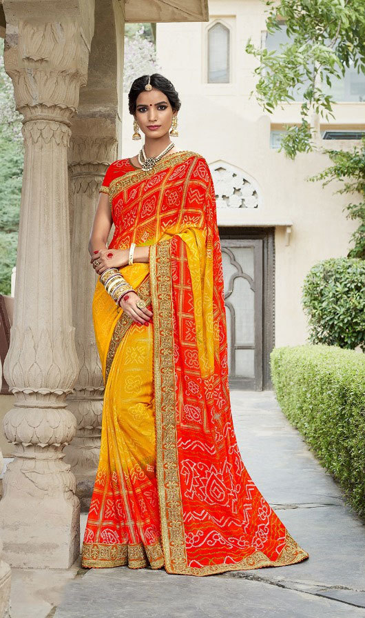 Multicolour Sethnic Designer Blouse With Printed Bandhej Sarees From Jaipur
