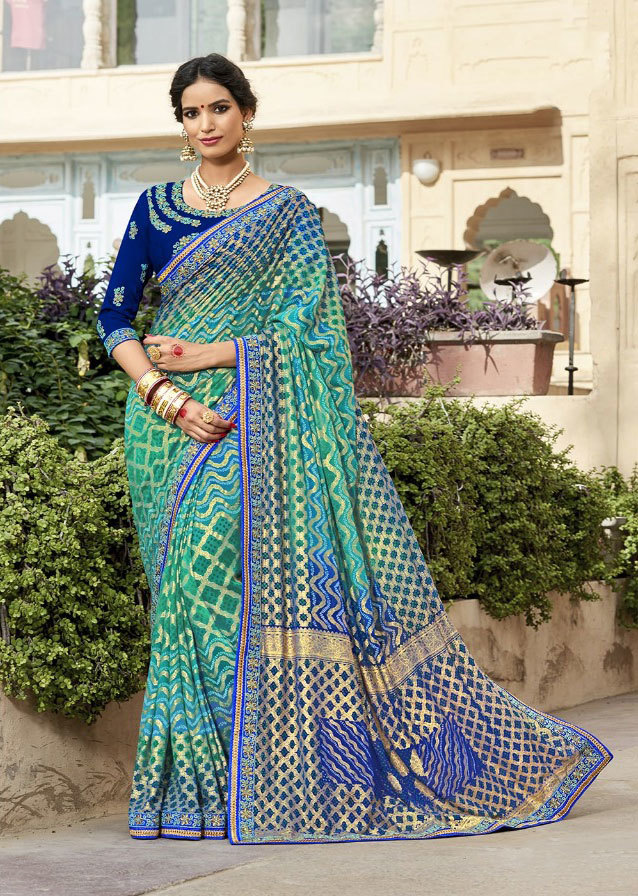 Multicolour Sethnic Designer Blouse With Printed Bandhej Sarees From Jaipur