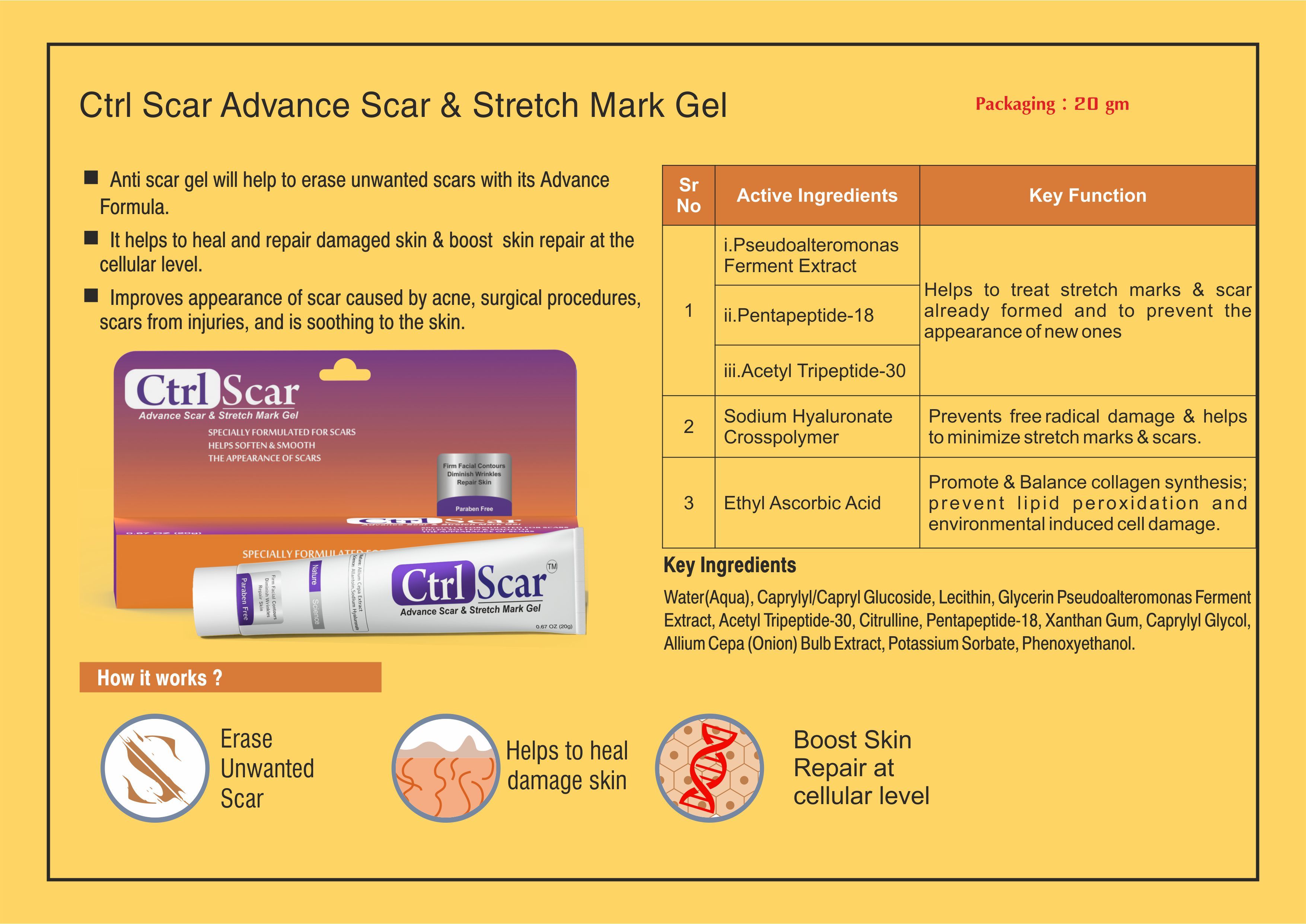 Scar & Stretch Mark Gel - Allantoin, Ethyl Ascorbic Acid, White Cream | Advanced Anti-scar Formula, Skin Repair & Brightening, Alcohol-free, Soothes Damaged Skin