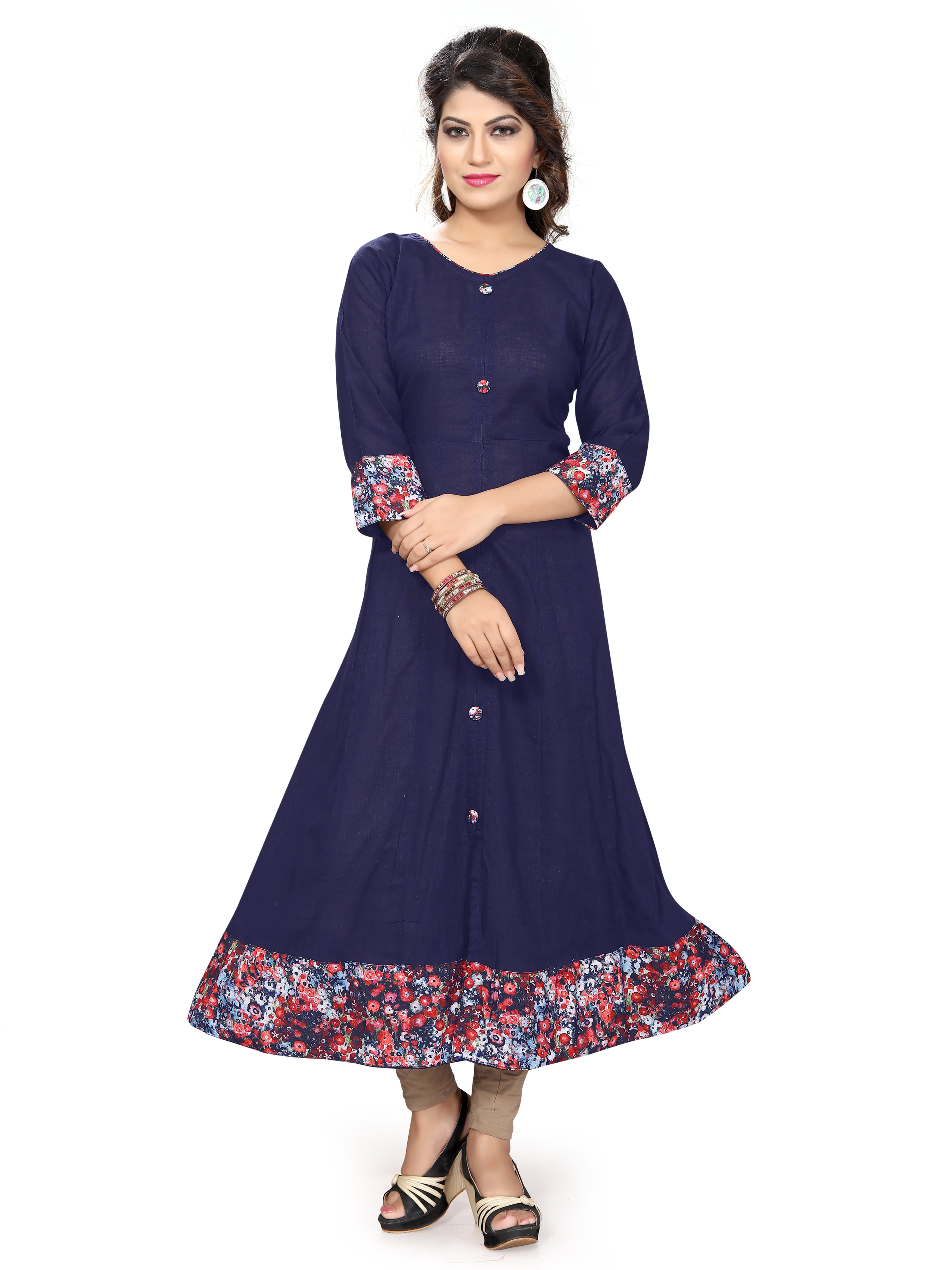 Selfie Kurtis - American Crep + Cotton Slub Fabric , Casual Dress In Navy Blue With Plain Pattern - Available In Sizes M, L, Xl, Xxl