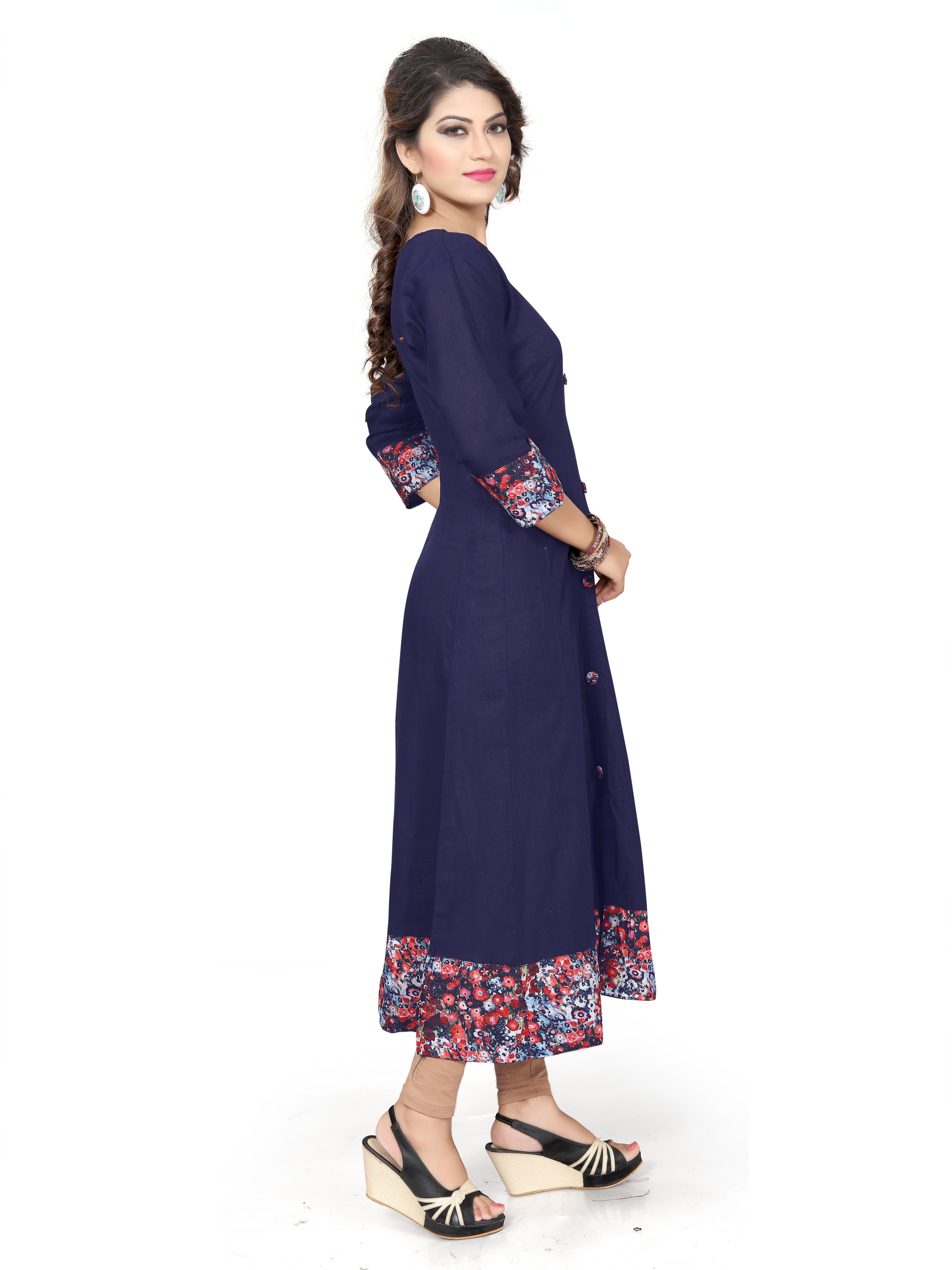 Selfie Kurtis - American Crep + Cotton Slub Fabric , Casual Dress In Navy Blue With Plain Pattern - Available In Sizes M, L, Xl, Xxl