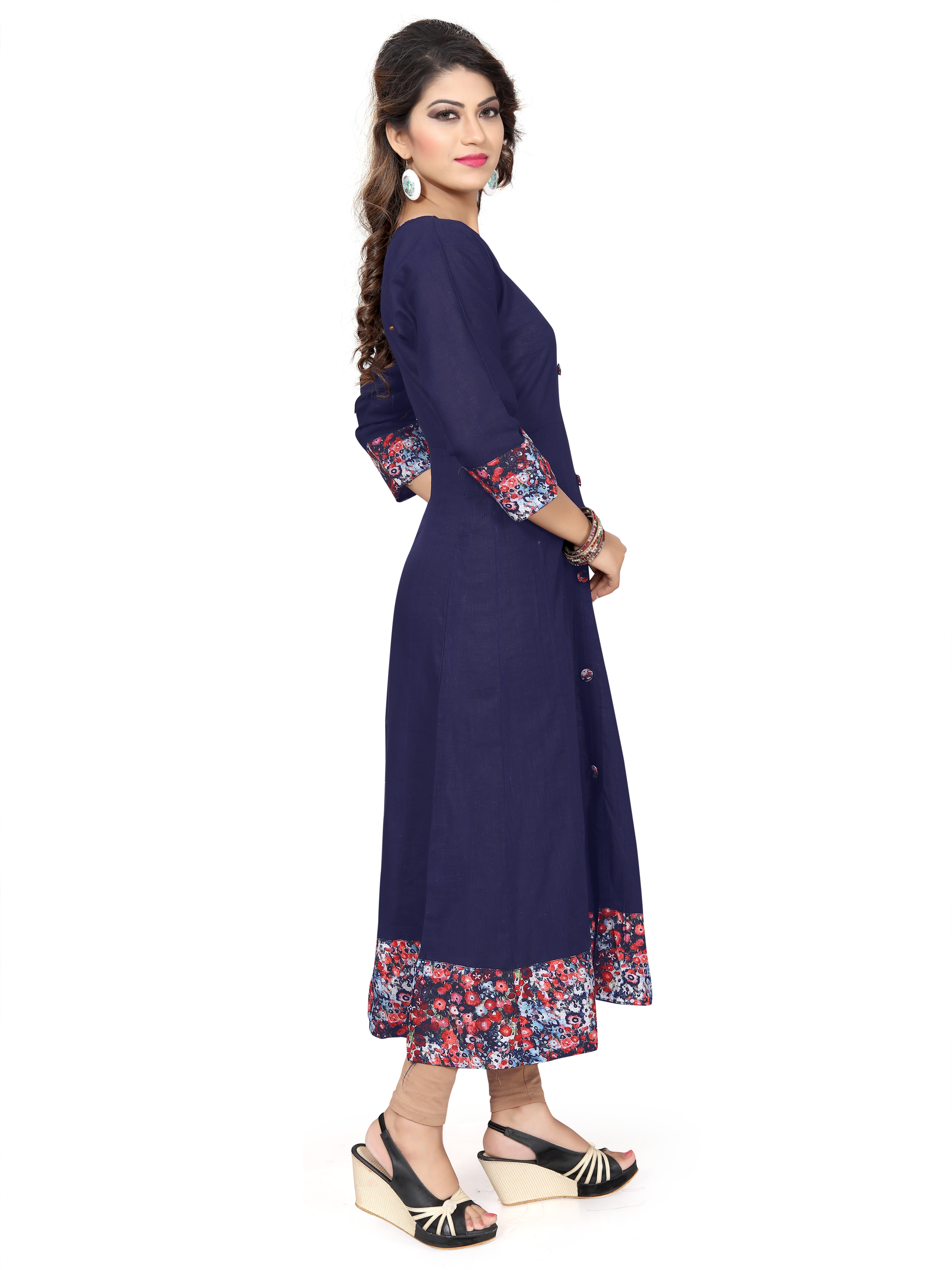 Selfie Kurtis - American Crep + Cotton Slub Fabric , Casual Dress In Navy Blue With Plain Pattern - Available In Sizes M, L, Xl, Xxl