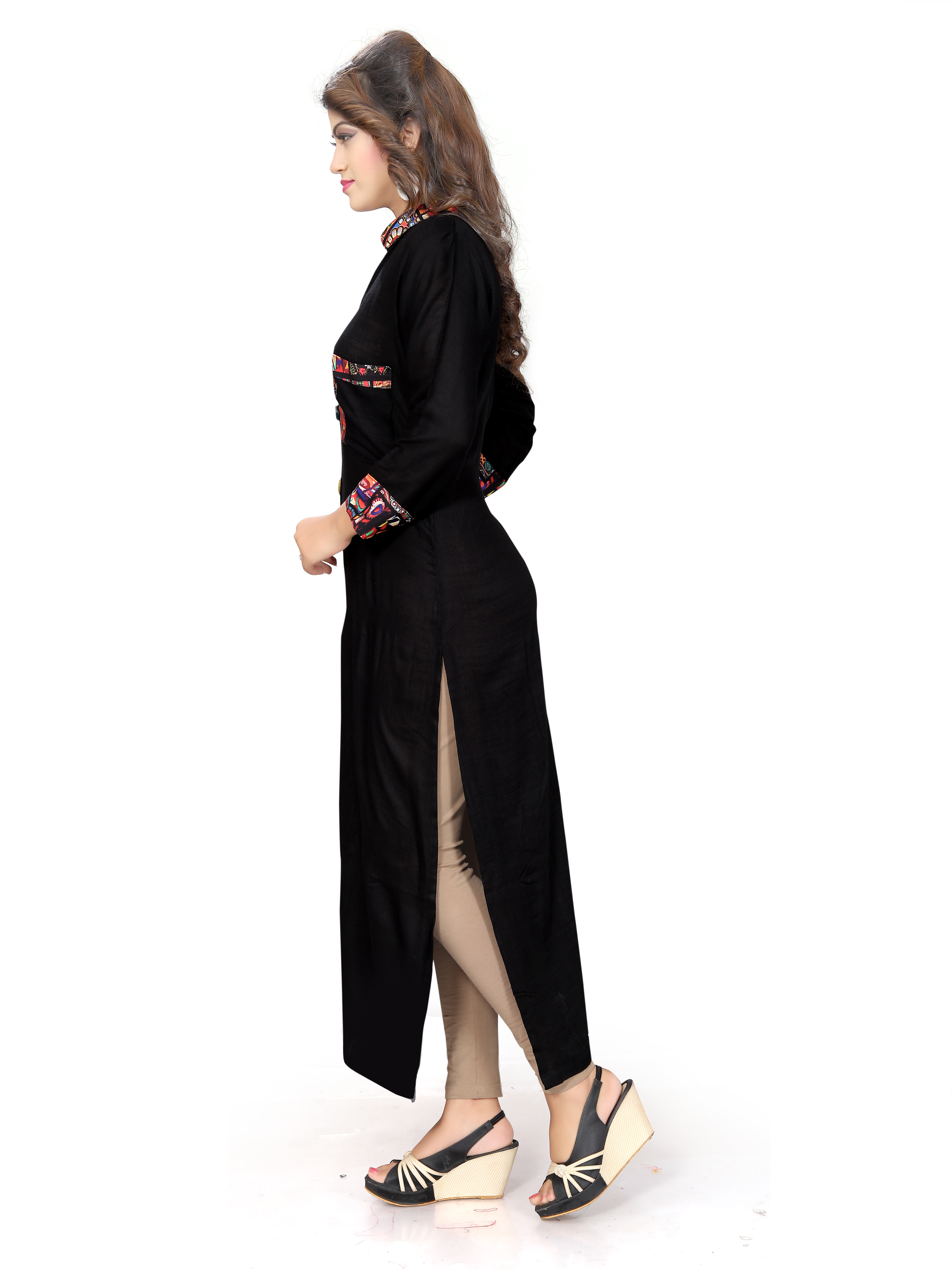 Black Kurtis - American Crep + Rayon Slub , Casual Dress For All Seasons, Plain Pattern