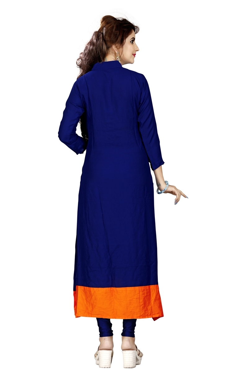 Mirror Work Kurti - Rayon 14kg, Navy Blue, Casual Dress, All Season, Plain Dyed