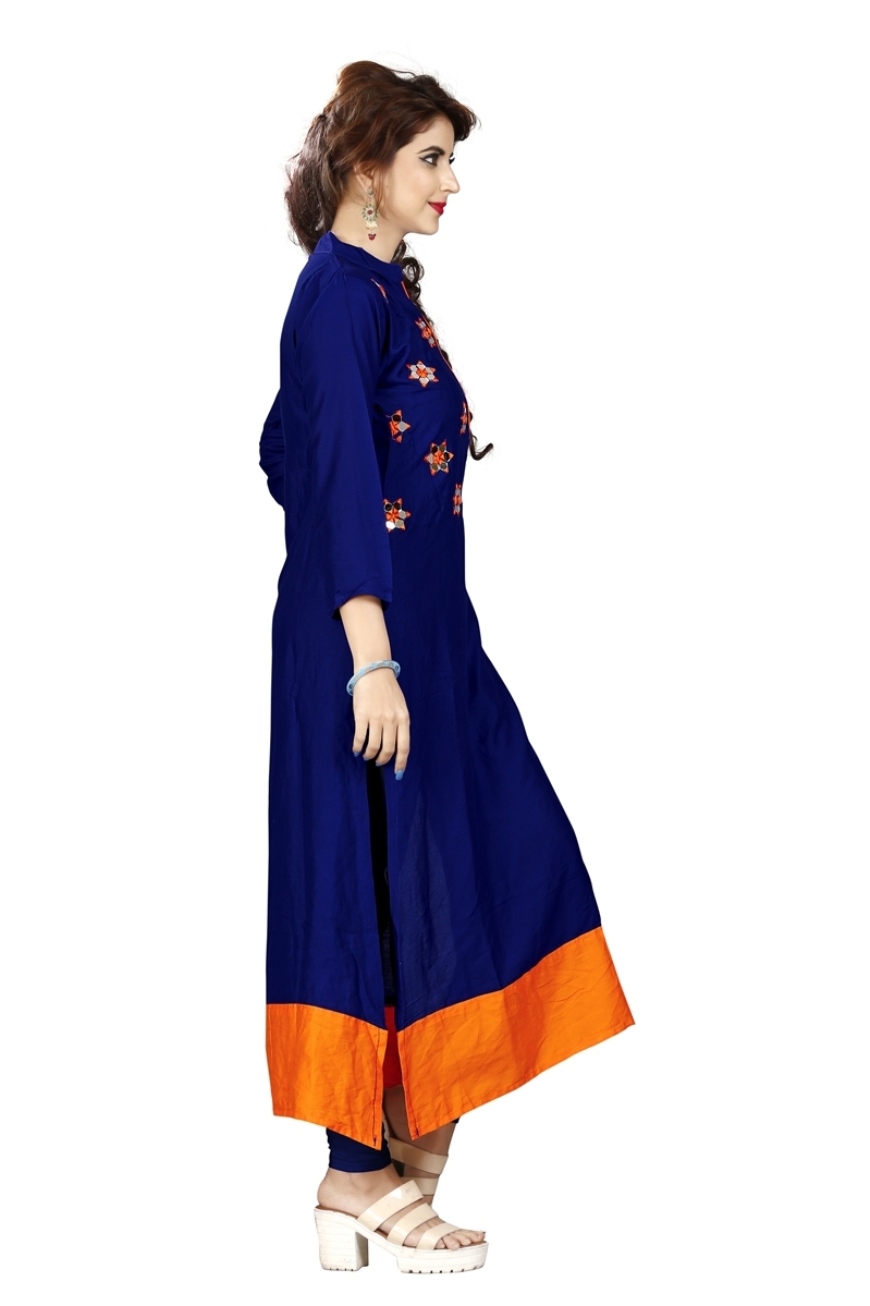 Mirror Work Kurti - Rayon 14kg, Navy Blue, Casual Dress, All Season, Plain Dyed