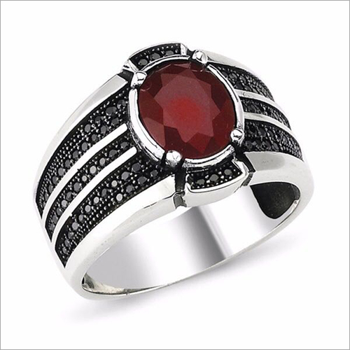 Gemstone Mens Ring - Sterling Silver, Oval Shape , Red Stone Color