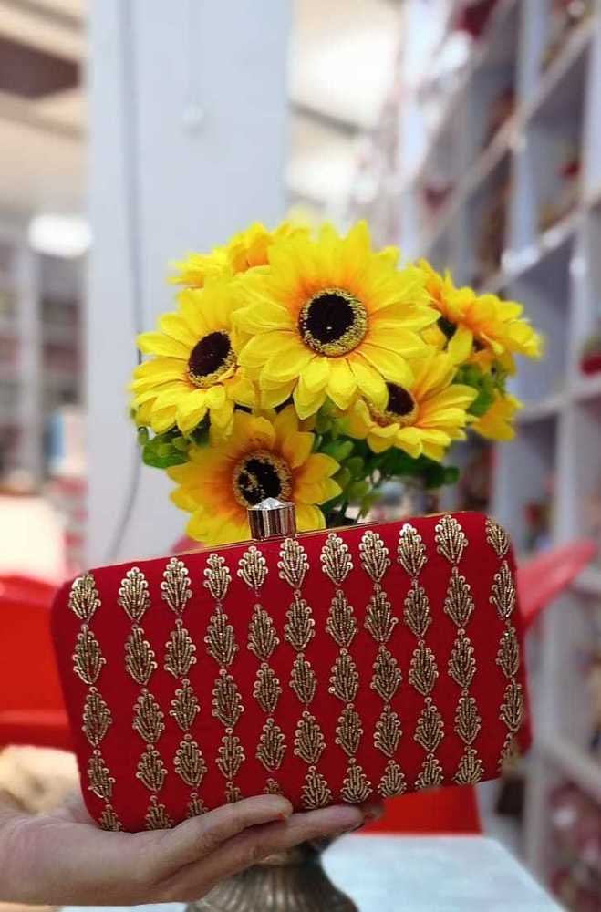 Designer Punjabi Clutch - 7x4 Inches, Red Fabric Lining, Button Closure, Latest Square Style For Women