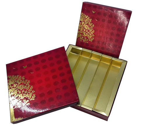 Tree of Life 1/2 kg Sweet Box - Paper, 7.35x7.35x1.2 Inches, Maroon Color with Gloss Lamination & Gold Foil | Rigid Fancy Packaging with Customized Design