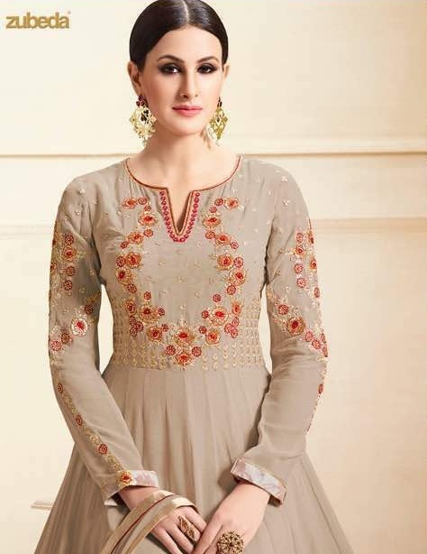 Grey Georgette Anarkali Suit - Santoon Bottom & Naznin Chiffon Dupatta | Embroidered Floral Design, Full Sleeves, Ethnic Wear