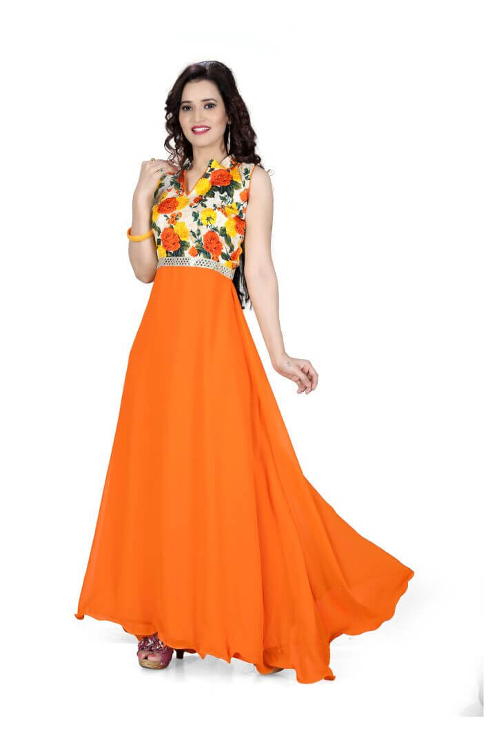 Gerogette And Banglori Print Gown - Floral Georgette Material, Large Size 36 Bust, Sleeveless Design | Embellished Waistline Lace, All-season Party Wear