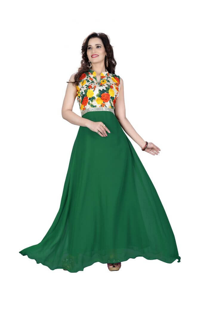 Gerogette And Banglori Print Gown - Floral Georgette Material, Large Size 36 Bust, Sleeveless Design | Embellished Waistline Lace, All-season Party Wear