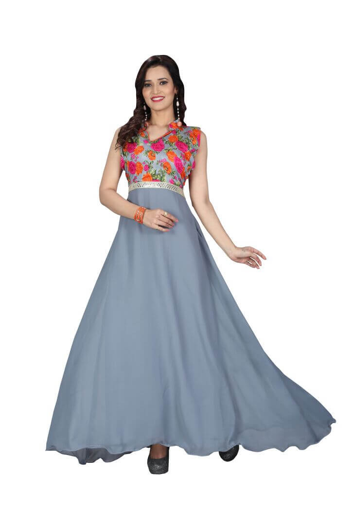 Gerogette And Banglori Print Gown - Floral Georgette Material, Large Size 36 Bust, Sleeveless Design | Embellished Waistline Lace, All-season Party Wear