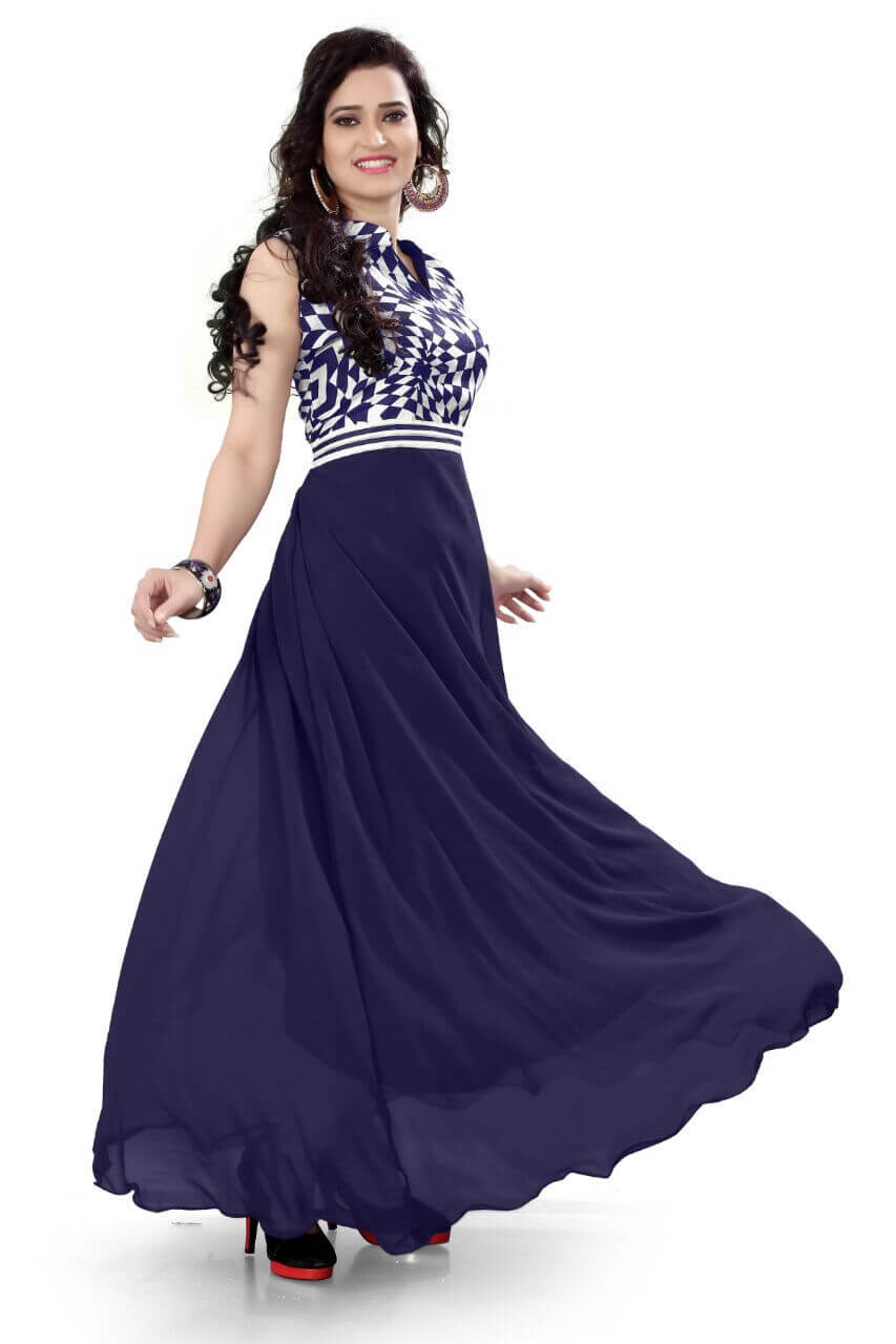 Gerogette And Banglori Print Gown - Floral Georgette Material, Large Size 36 Bust, Sleeveless Design | Embellished Waistline Lace, All-season Party Wear