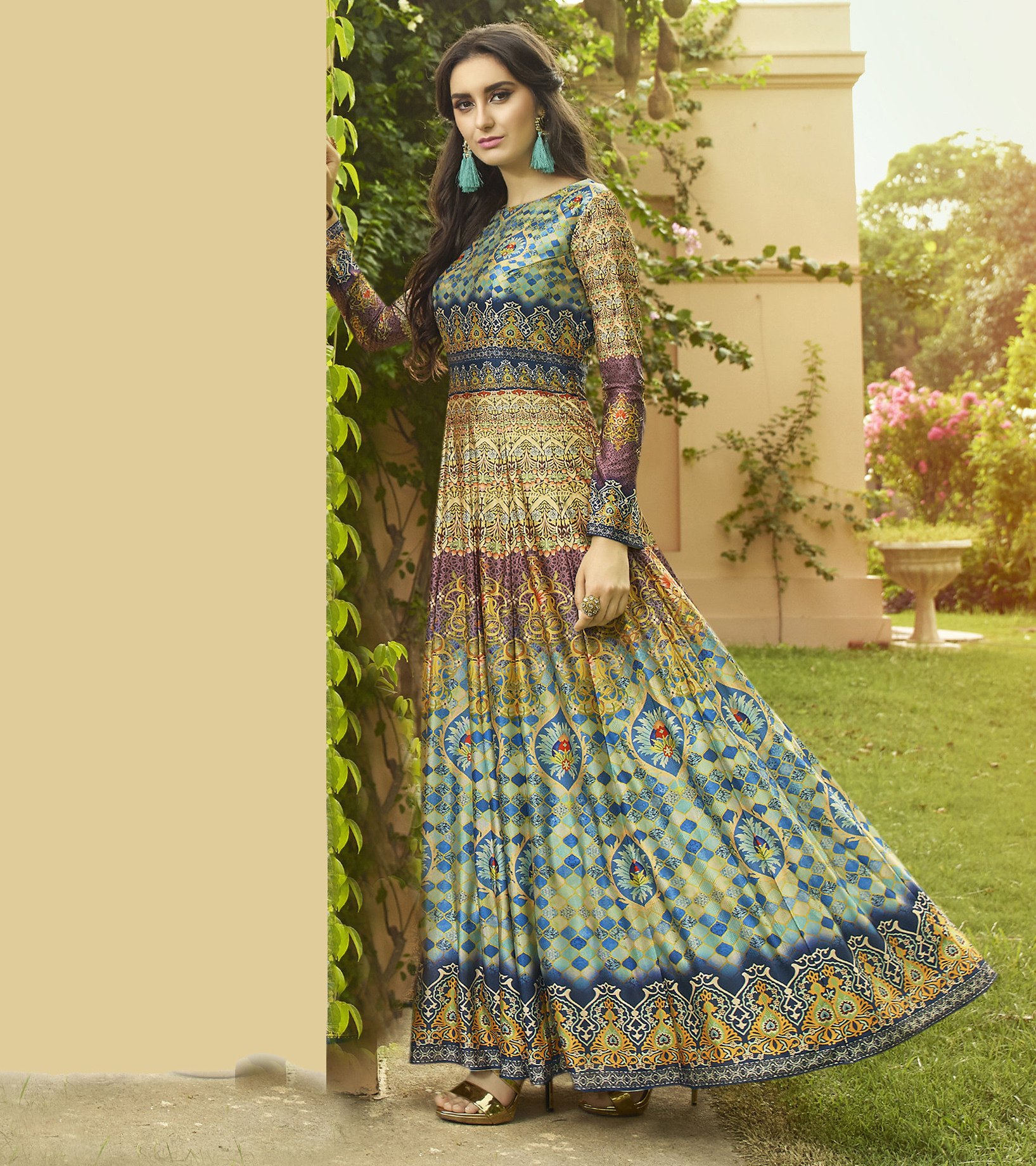 Semi Stitch Ethnic Salwar Suits - Multi Colored Jersey Cotton Fabric, 60" Top Length, Full Sleeves, Printed Design
