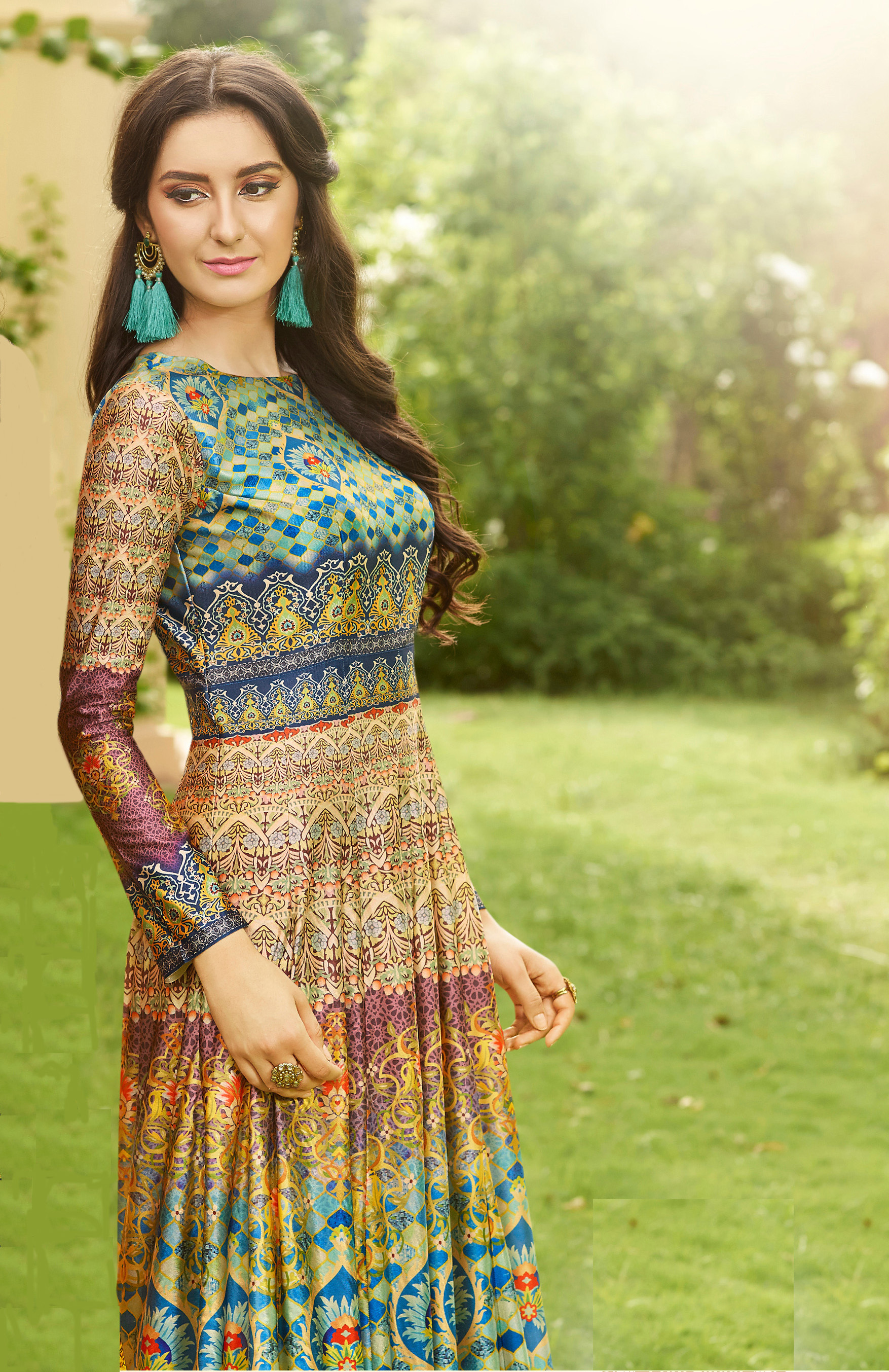 Semi Stitch Ethnic Salwar Suits - Multi Colored Jersey Cotton Fabric, 60" Top Length, Full Sleeves, Printed Design