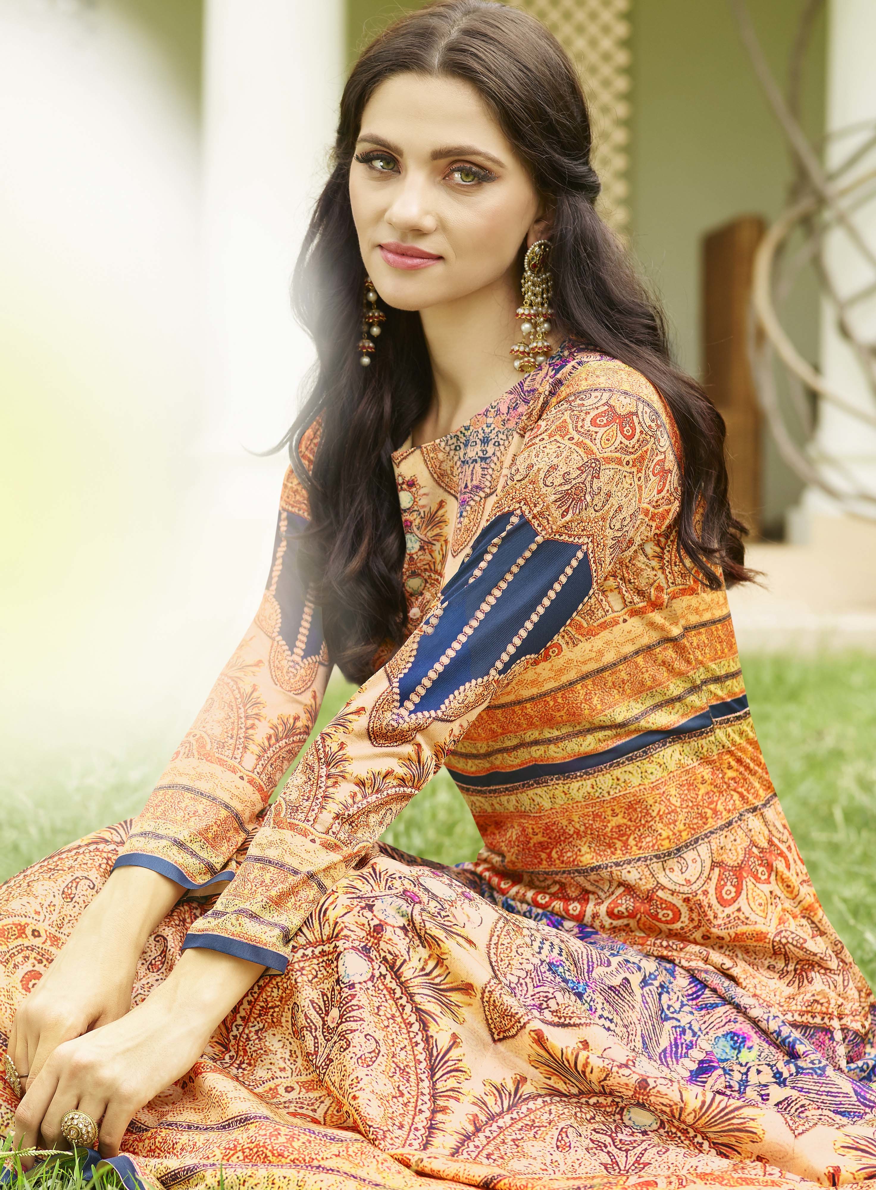 Semi Stitch Suits - Jersey Cotton & Santoon Fabric, Cream Ethnic Wear With Printed Design, Full Sleeves, 60" Length