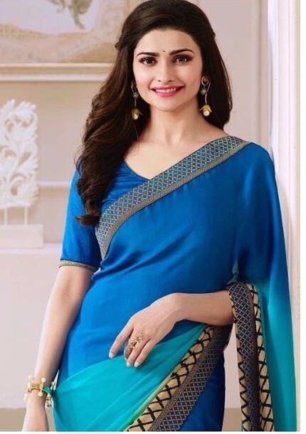 Georgette Saree - Blue Georgette Fabric With Raw Silk Blouse | Ethnic Dress With Short Sleeves And Printed Pattern