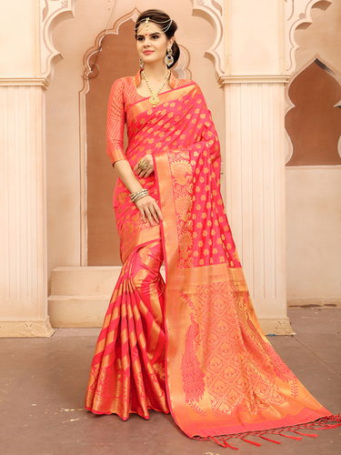 Banarasi Silk Saree - 5.5 Meter Length, Vibrant Orange Color | Ethnic Dress with Short Sleeves, Elegant Printed Pattern and Luxurious Jacquard Work