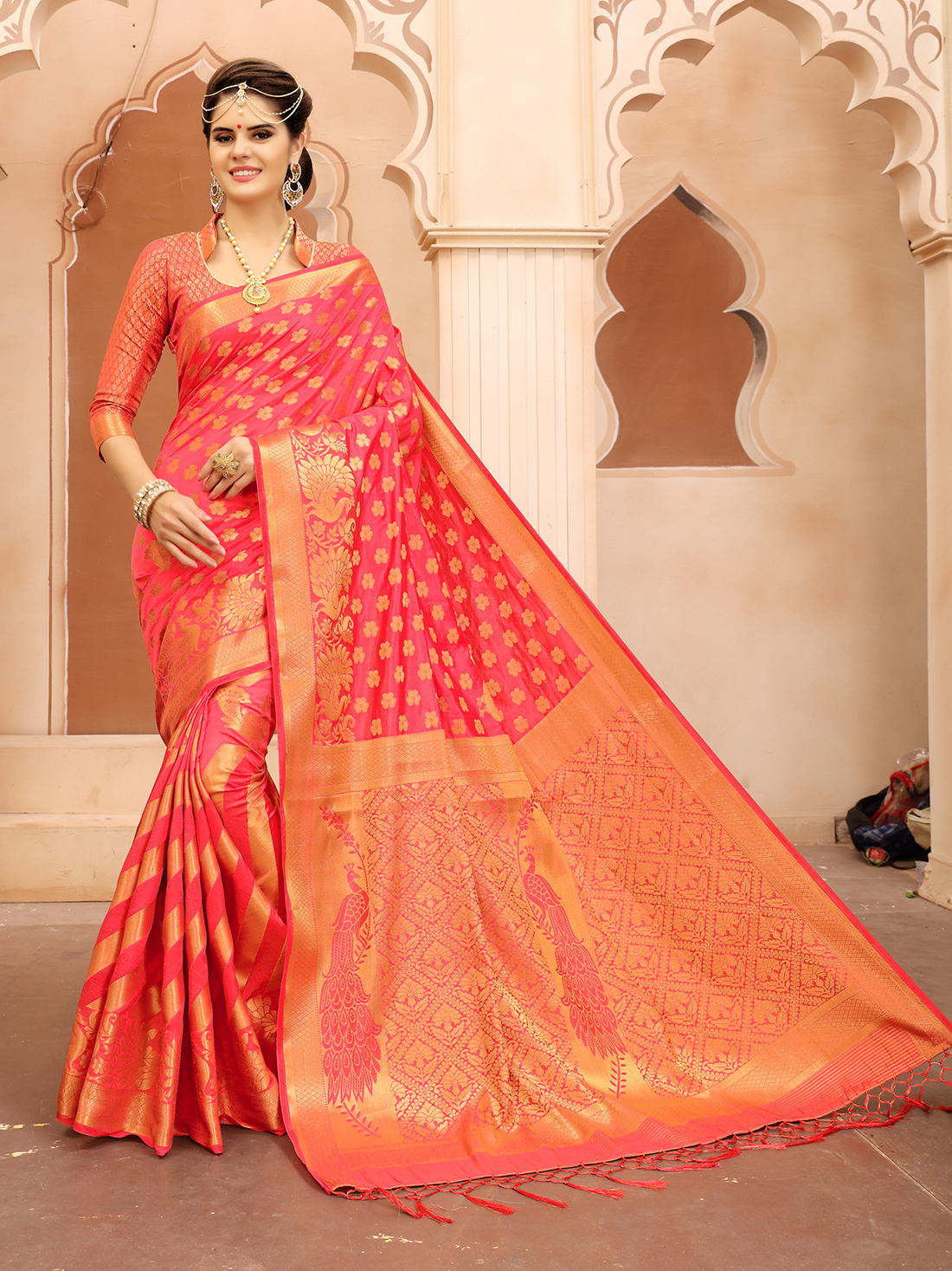 Banarasi Silk Saree - 5.5 Meter Length, Vibrant Orange Color | Ethnic Dress With Short Sleeves, Elegant Printed Pattern And Luxurious Jacquard Work