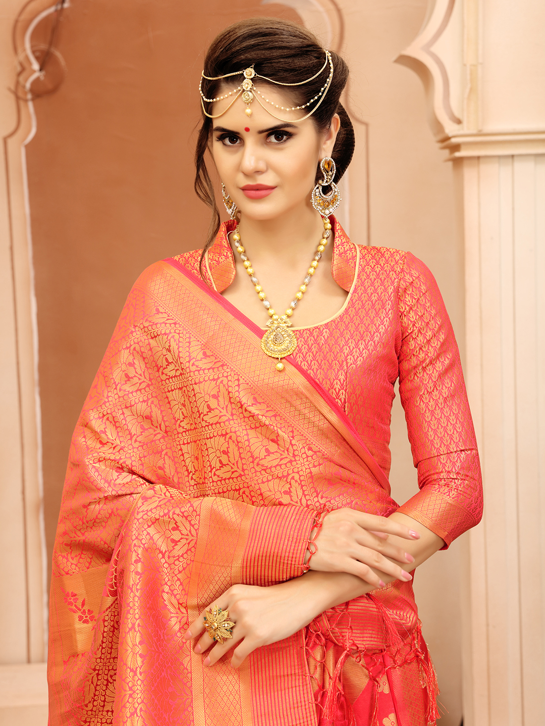 Banarasi Silk Saree - 5.5 Meter Length, Vibrant Orange Color | Ethnic Dress With Short Sleeves, Elegant Printed Pattern And Luxurious Jacquard Work