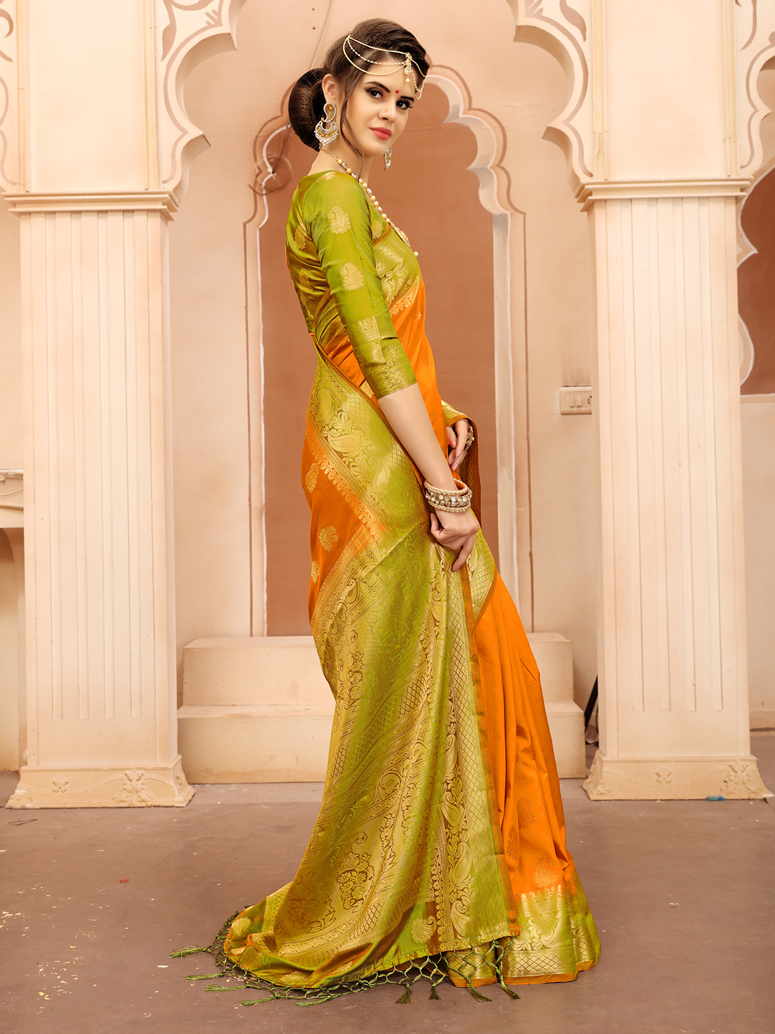 Orange &Green Traditional Saree