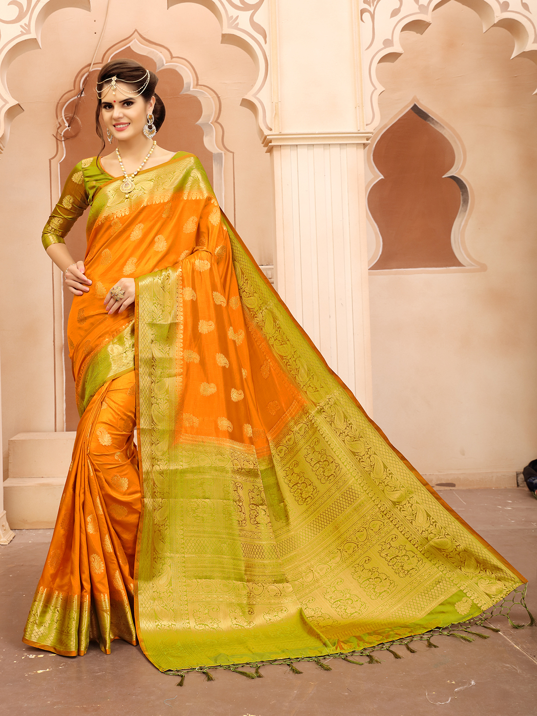 Orange &Green Traditional Saree