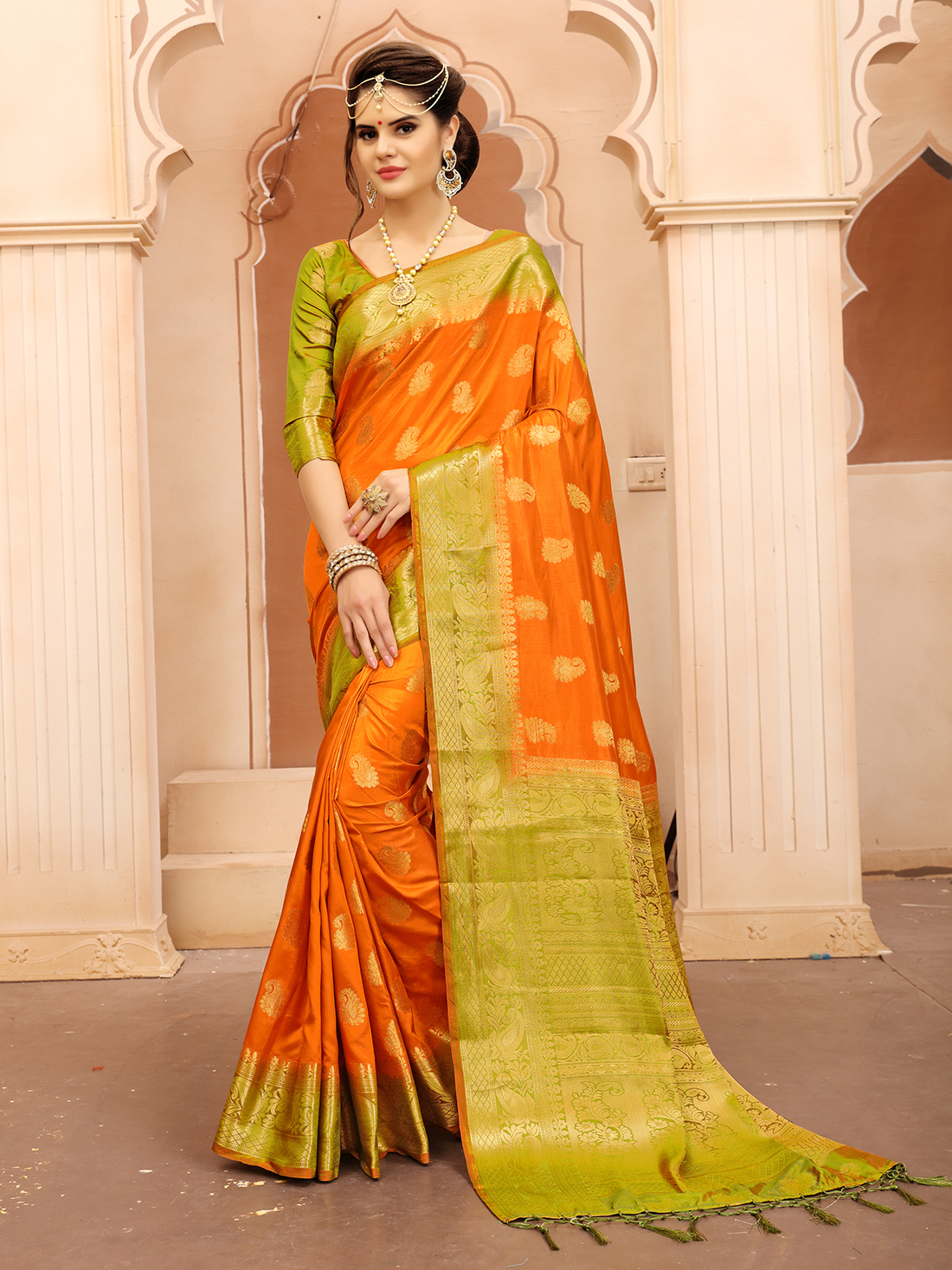 Orange &Green Traditional Saree
