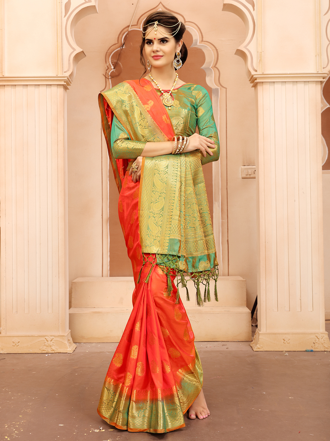 Banarasi Silk Saree - 5.5 Meter Length, Orange Color | Ethnic Fashion With Printed Design, Short Sleeves, Plain Dyed Finish