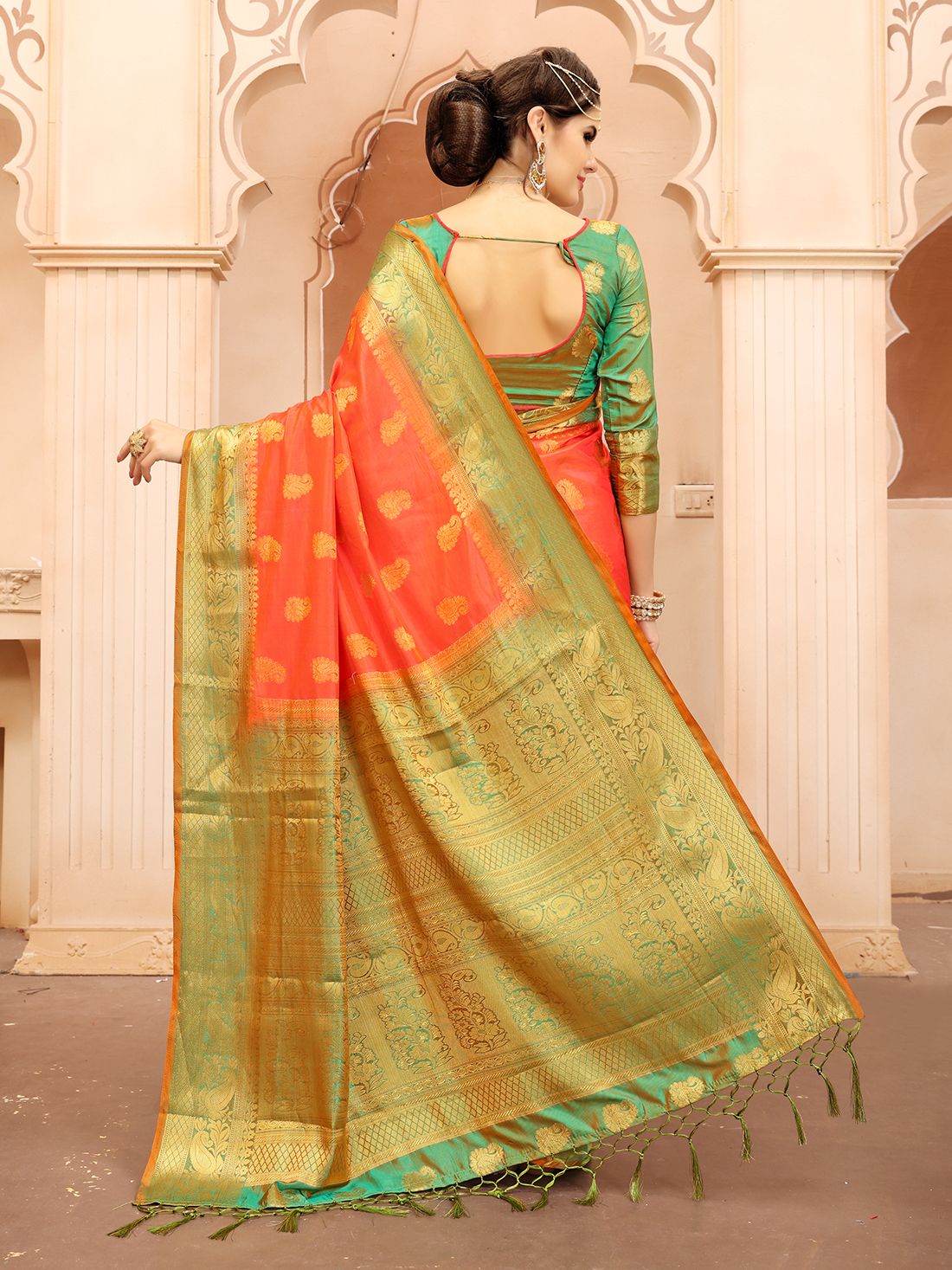 Banarasi Silk Saree - 5.5 Meter Length, Orange Color | Ethnic Fashion With Printed Design, Short Sleeves, Plain Dyed Finish