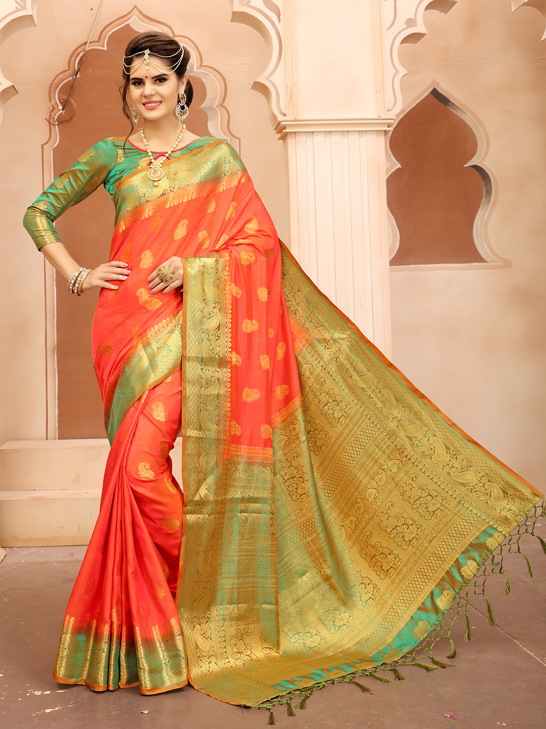 Banarasi Silk Saree - 5.5 Meter Length, Orange Color | Ethnic Fashion With Printed Design, Short Sleeves, Plain Dyed Finish