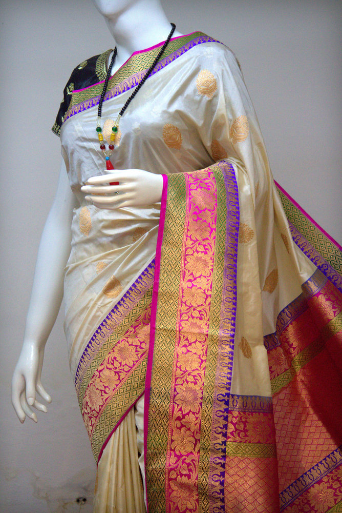 White And Pink Banarasi Saree