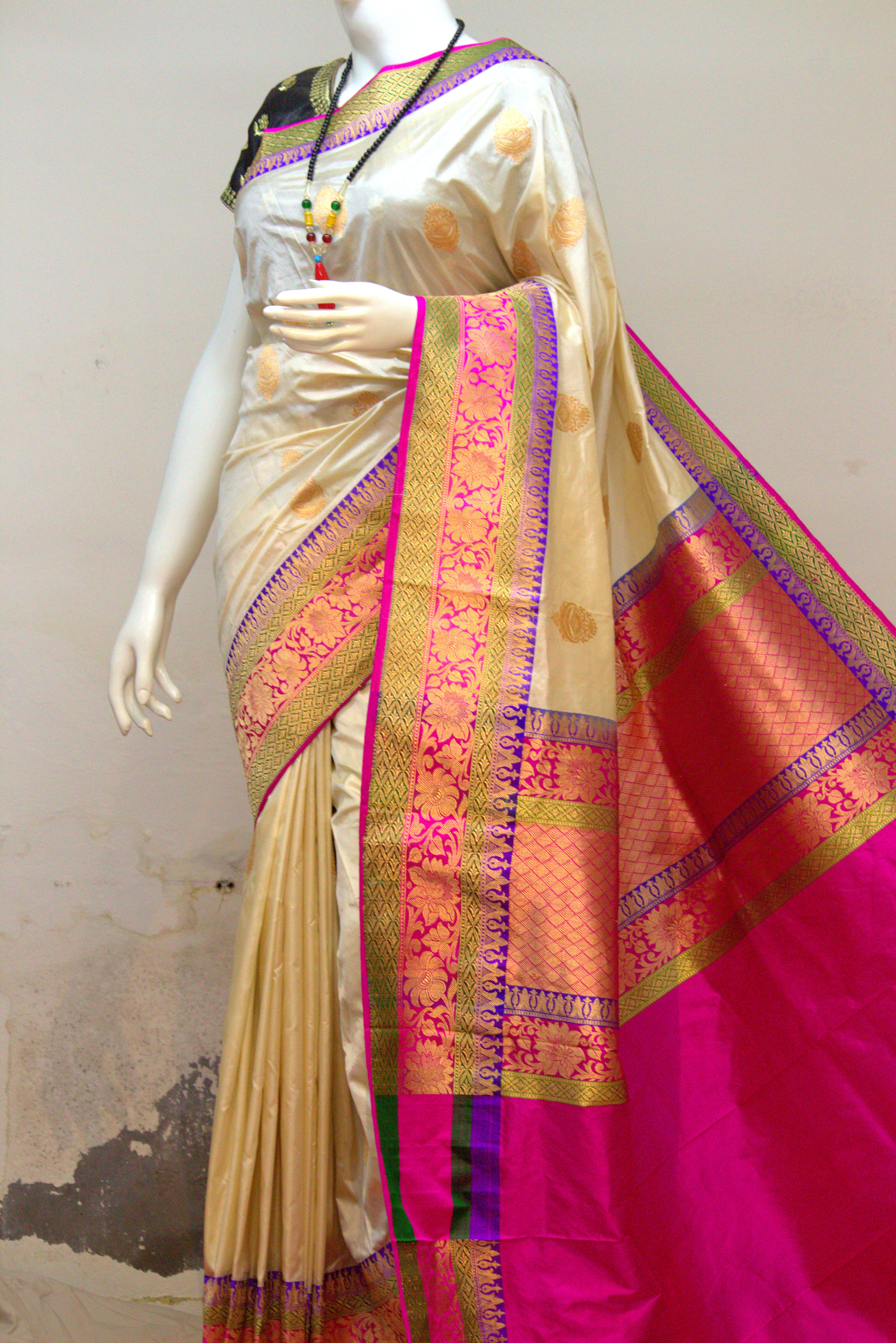 White And Pink Banarasi Saree
