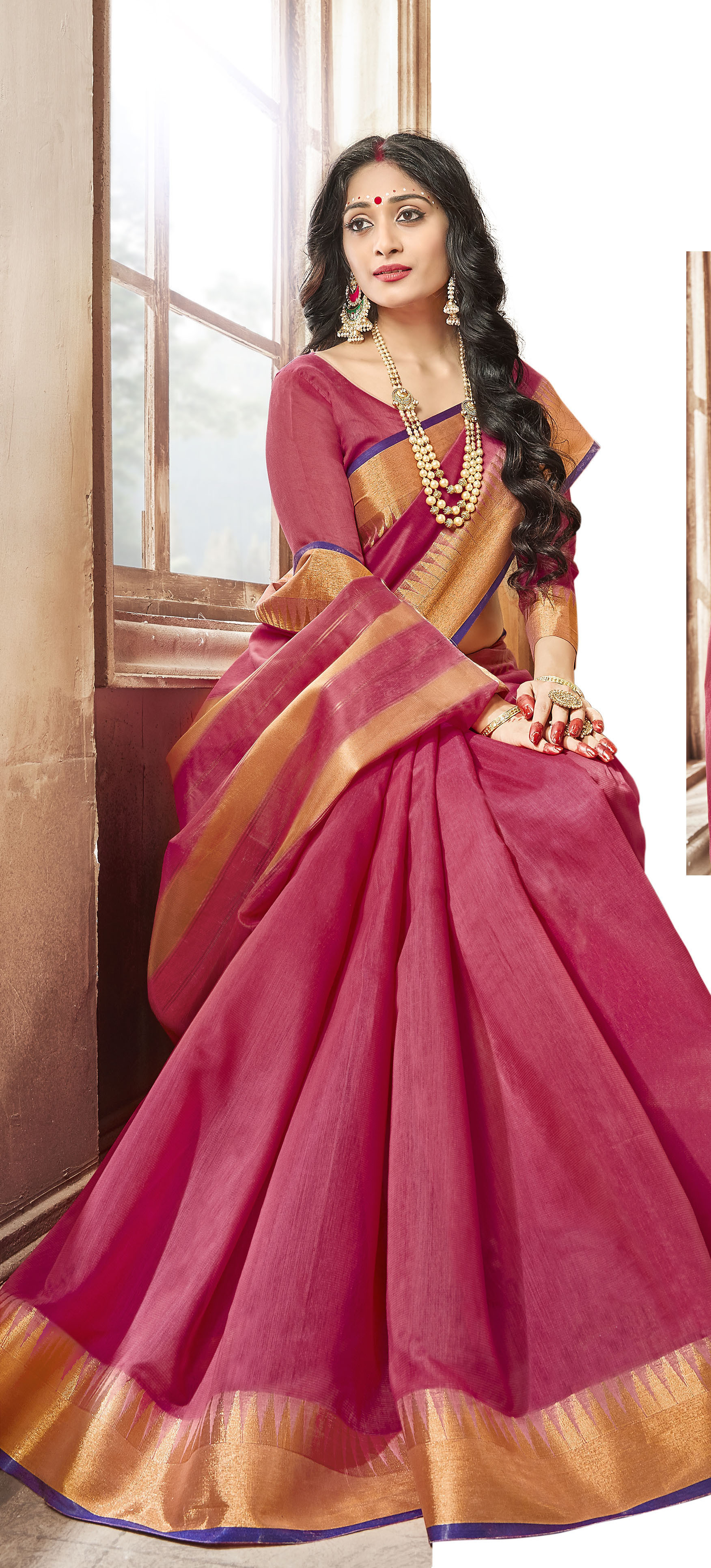 Fancy Khadi Saree - Khadi Silk, Cherry Red | Ethnic Dress, Short Sleeves, Printed Pattern, Durable Fabric