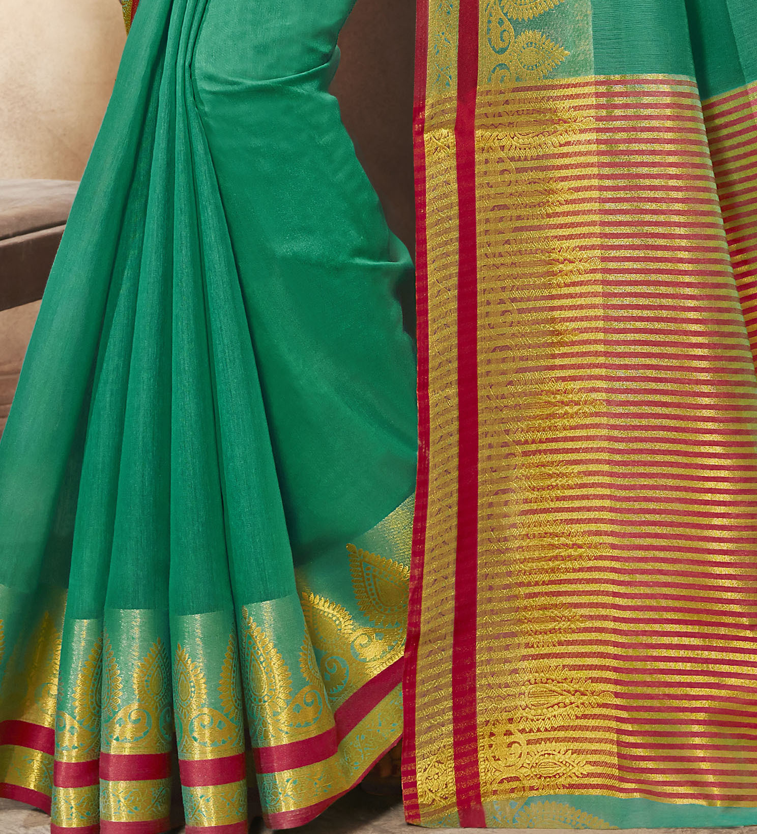 Green Saree - Khadi Silk 5.5m, Green | Traditional Design, Durable Fabric, Soft Texture