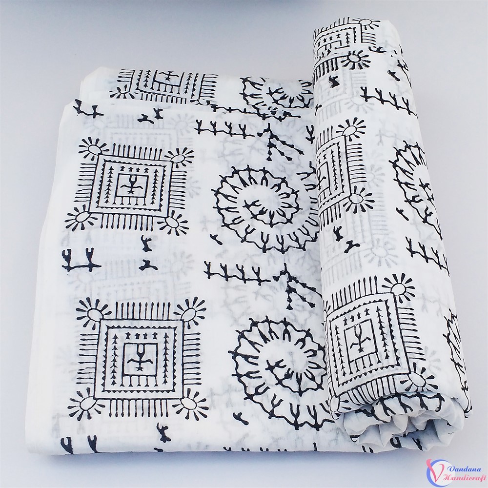Warli Art Hand Block Fabric - 100% Cotton, 97x44 Inches, Multicolor | Colourfastness, Exceptionally Soft, Light In Weight, Washable