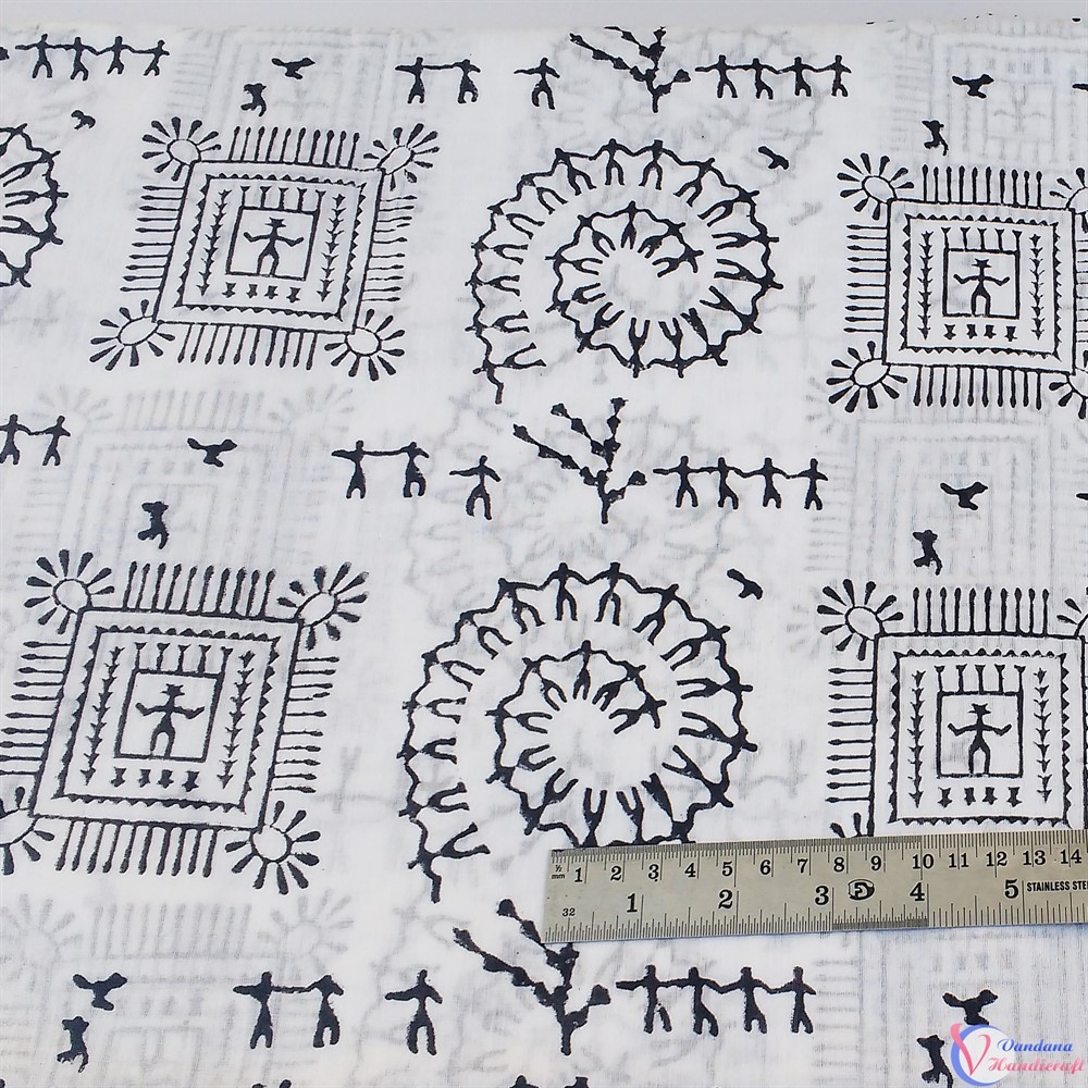 Warli Art Hand Block Fabric - 100% Cotton, 97x44 Inches, Multicolor | Colourfastness, Exceptionally Soft, Light In Weight, Washable