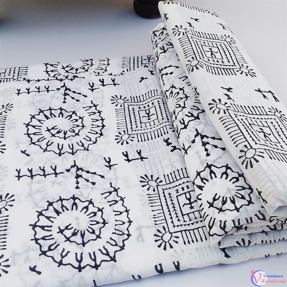 Warli Art Hand Block Fabric - 100% Cotton, 97x44 Inches, Multicolor | Colourfastness, Exceptionally Soft, Light In Weight, Washable