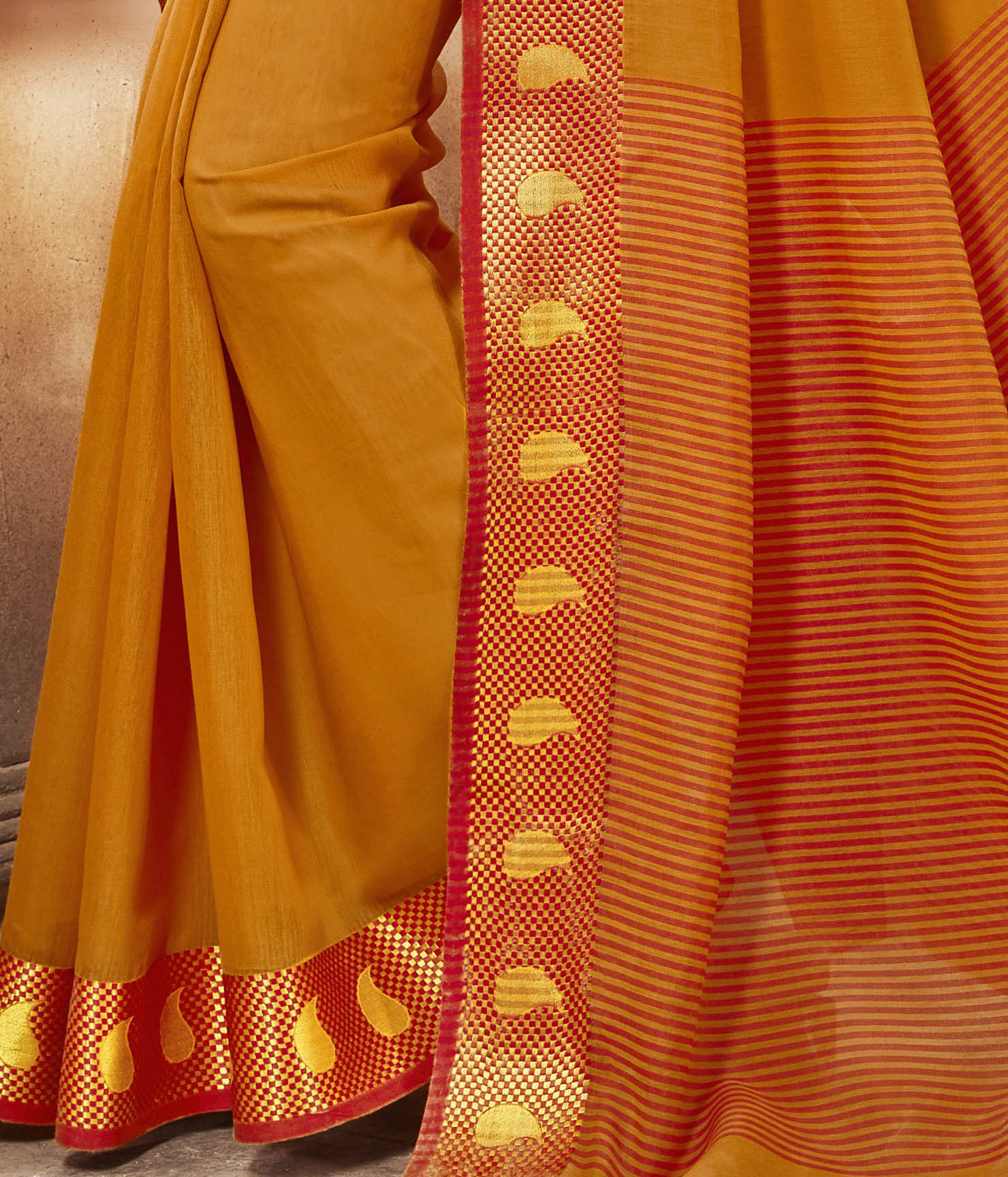 Khadi Silk Saree - Mustard With Orange Blouse | Ethnic Dress, Durable Fabric, Printed Pattern, Short Sleeves